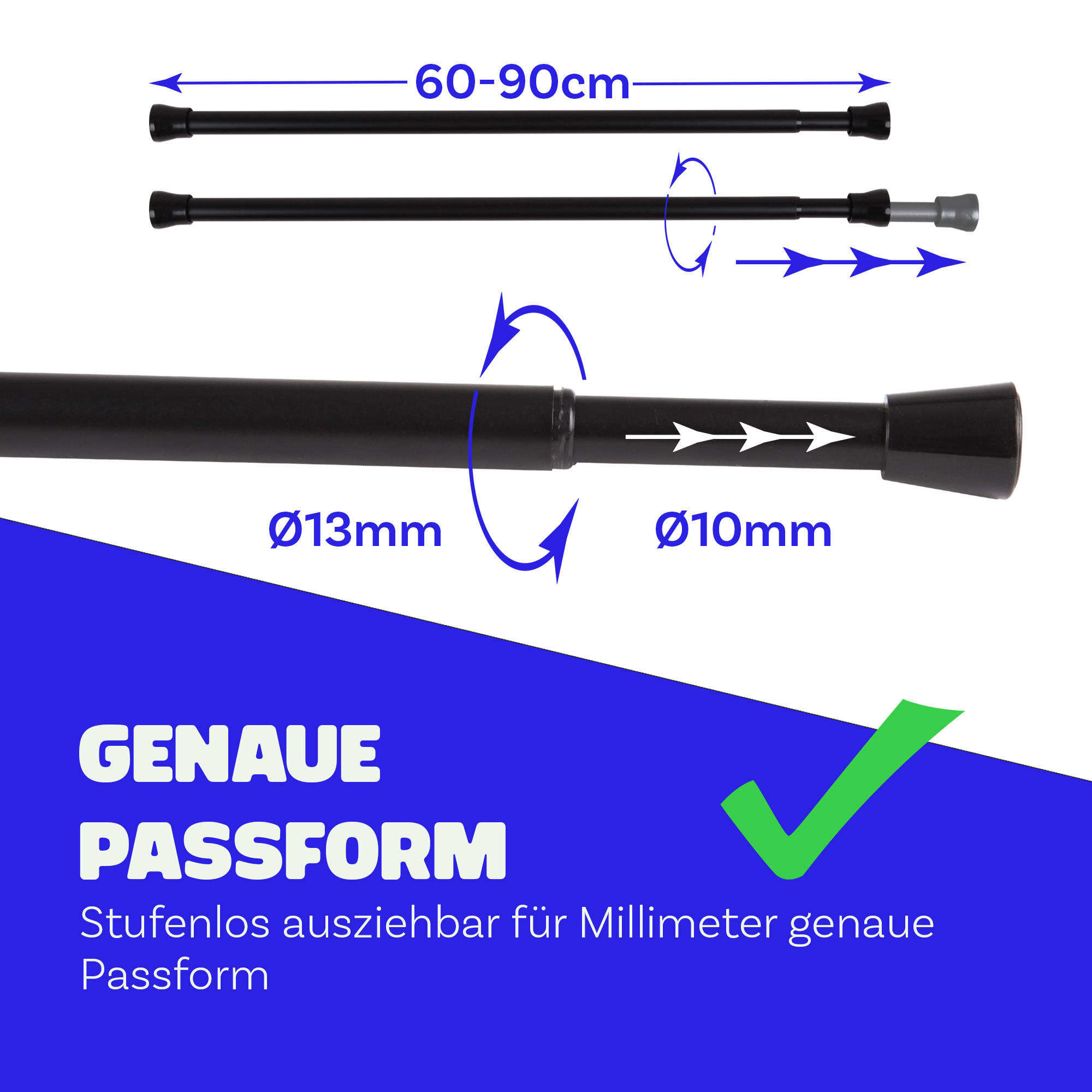 VERSTELLBARE Vorhangstange - Spannstange zum Klemmen Schwarz Ø10/13 mm 60-90 cm - Schwarz, Metall (60cm) - Bestlivings