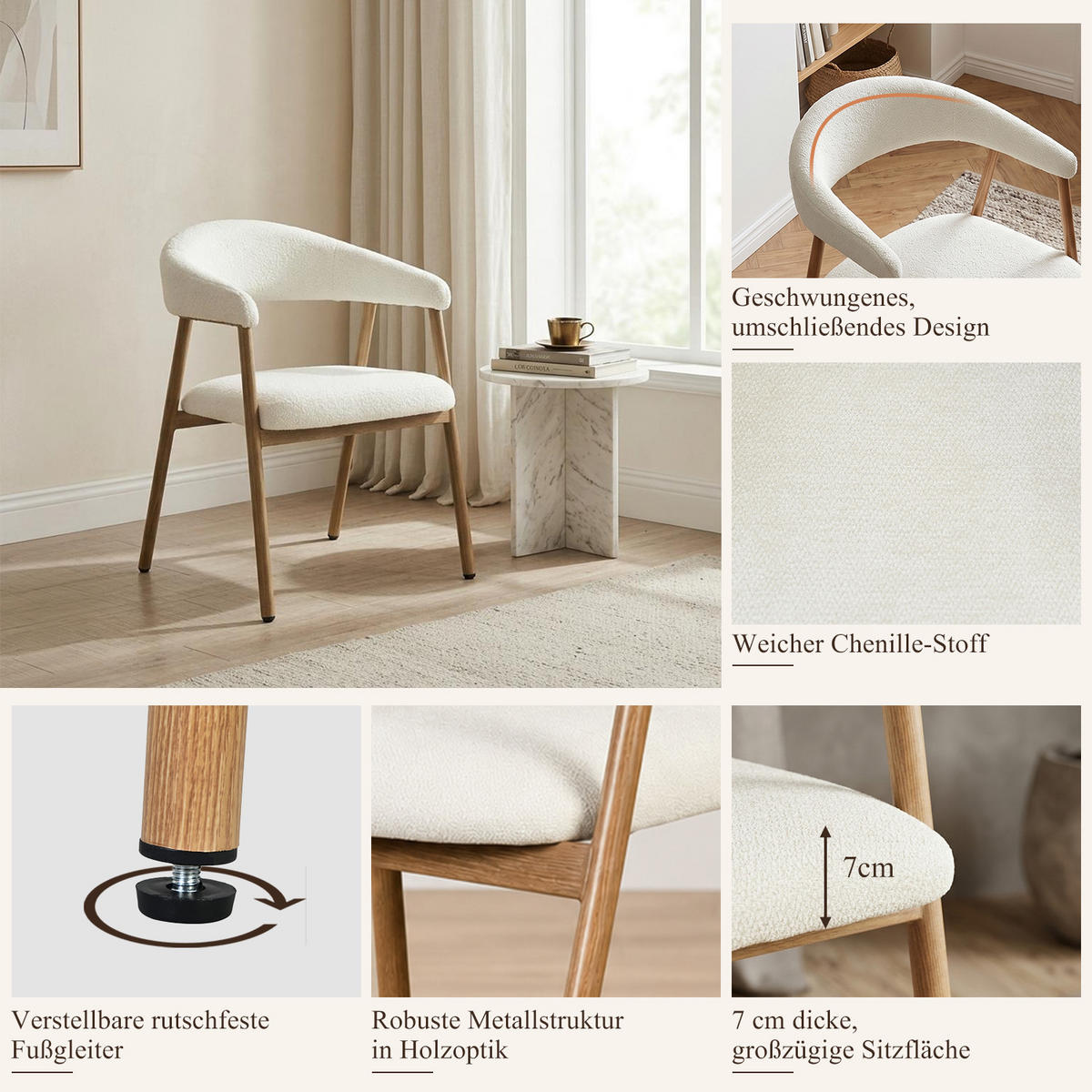 ESSZIMMERSTÜHLE 6er-Set, gepolstert, Chenille, Metallbeine in Holzoptik, Beige - Beige, Textil (61/80.5/59cm) - Meubles Cosy