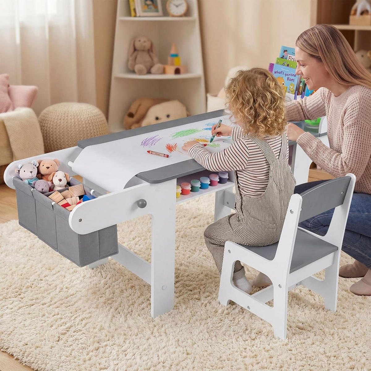 KINDERSCHREIBTISCH-SET mit Stauraum grau(2-tlg) - Grau, Holzwerkstoff (136/67/45.5cm) - COSTWAY