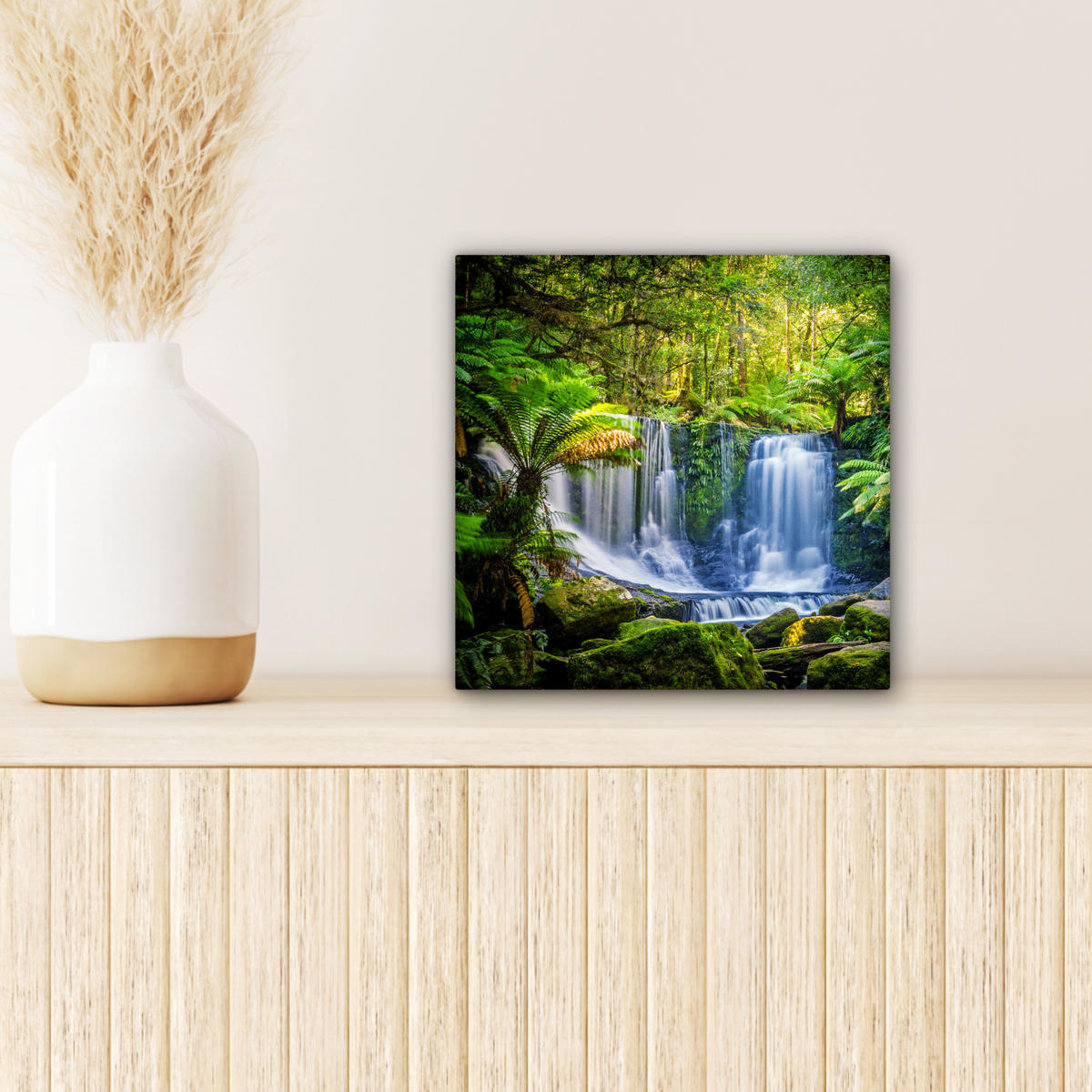 LEINWANDBILD Dschungel - Wasserfall - Australien - Pflanzen - Natur Deko Wohnzimmer 20x20 cm - Dunkelgrün, Textil (20/20cm) - MuchoWow