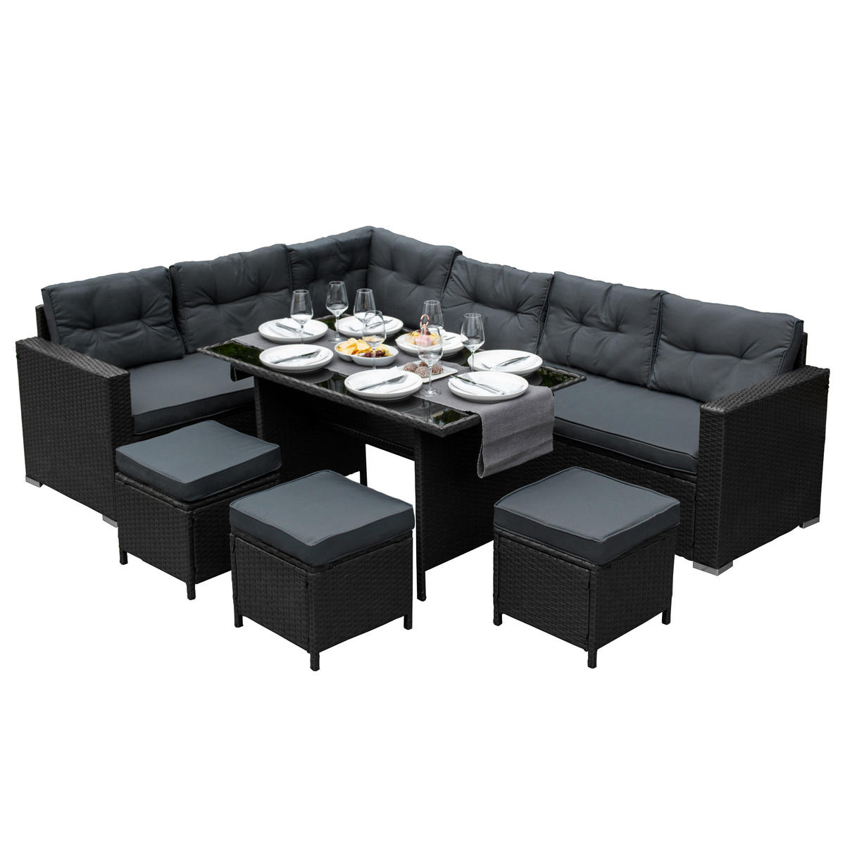 RATTAN-ECKGARNITUR 9-Sitzer - Schwarz, Kunststoff - Monstershop
