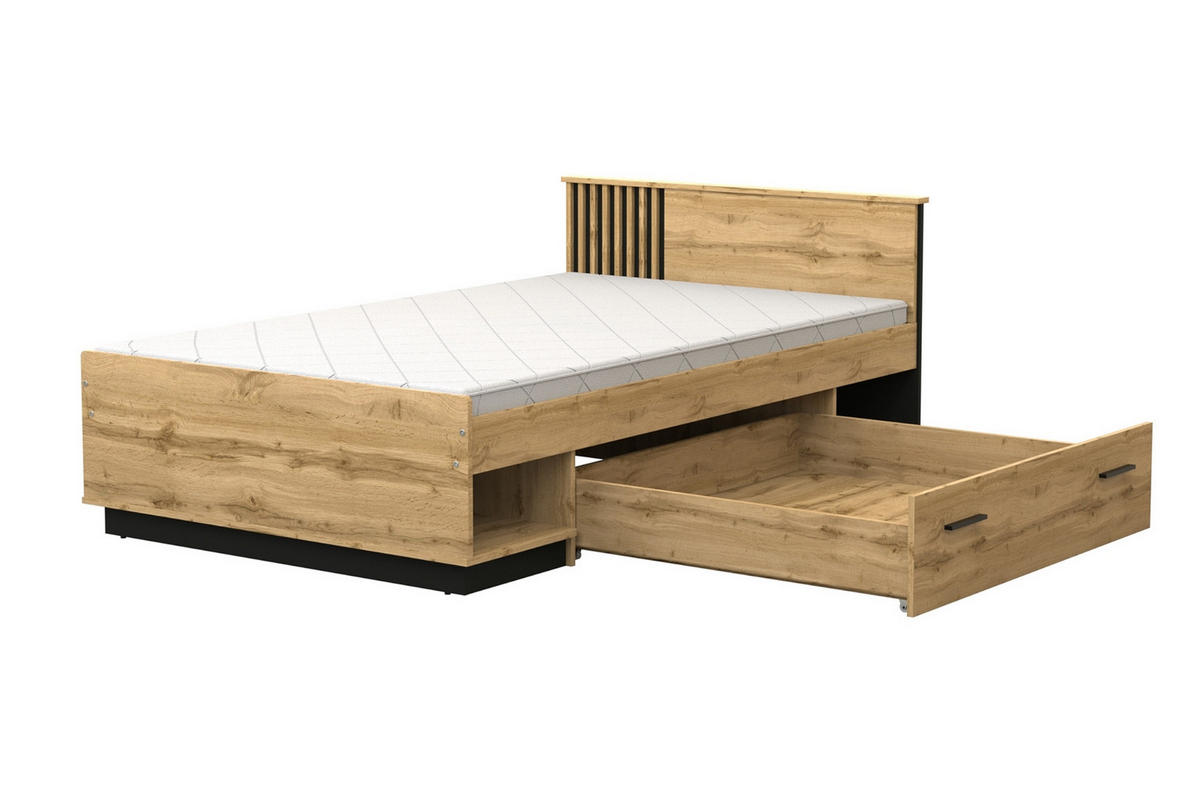 JUGENDBETT LAMI 20 120/200 cm in Wotan Eiche / Schwarz Matt mit Lamellen - Eiche Wotan/Schwarz, Holzwerkstoff (120/200cm) - Deine Möbel 24