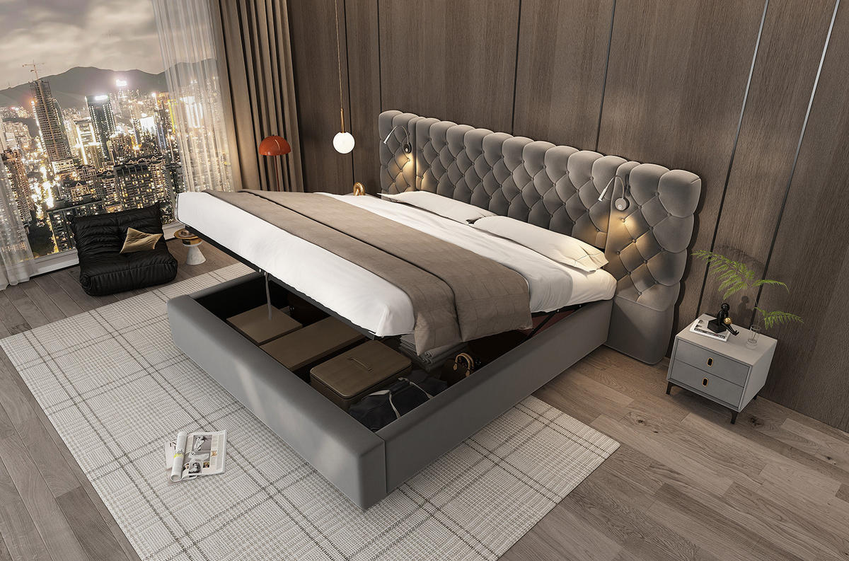 POLSTERBETT 180/200 cm grau aus Samt mit Bettkasten und Leselicht - Grau, Textil (180/200cm) - OKMYHOME