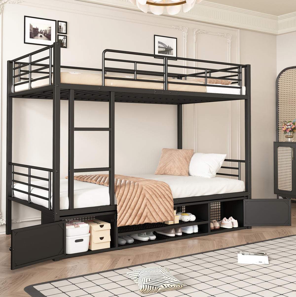 ETAGENBETT aus Metall 90x200 cm Schwarz mit Leiter, Fallschutz und Schuhablage - Schwarz, Metall (90/200cm) - Modfu