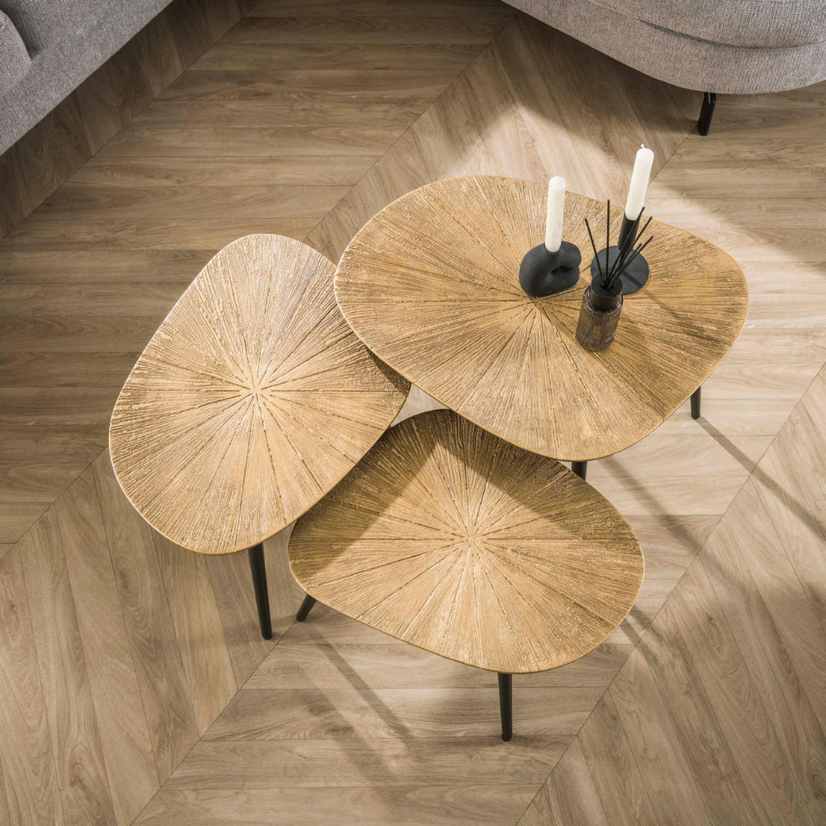 COUCHTISCH-SET TIZIANO RAGGIO 3-teilige Soft-Square Satztische in Antikgold - Goldfarben, Holz (51/62/43cm) - alesvelt