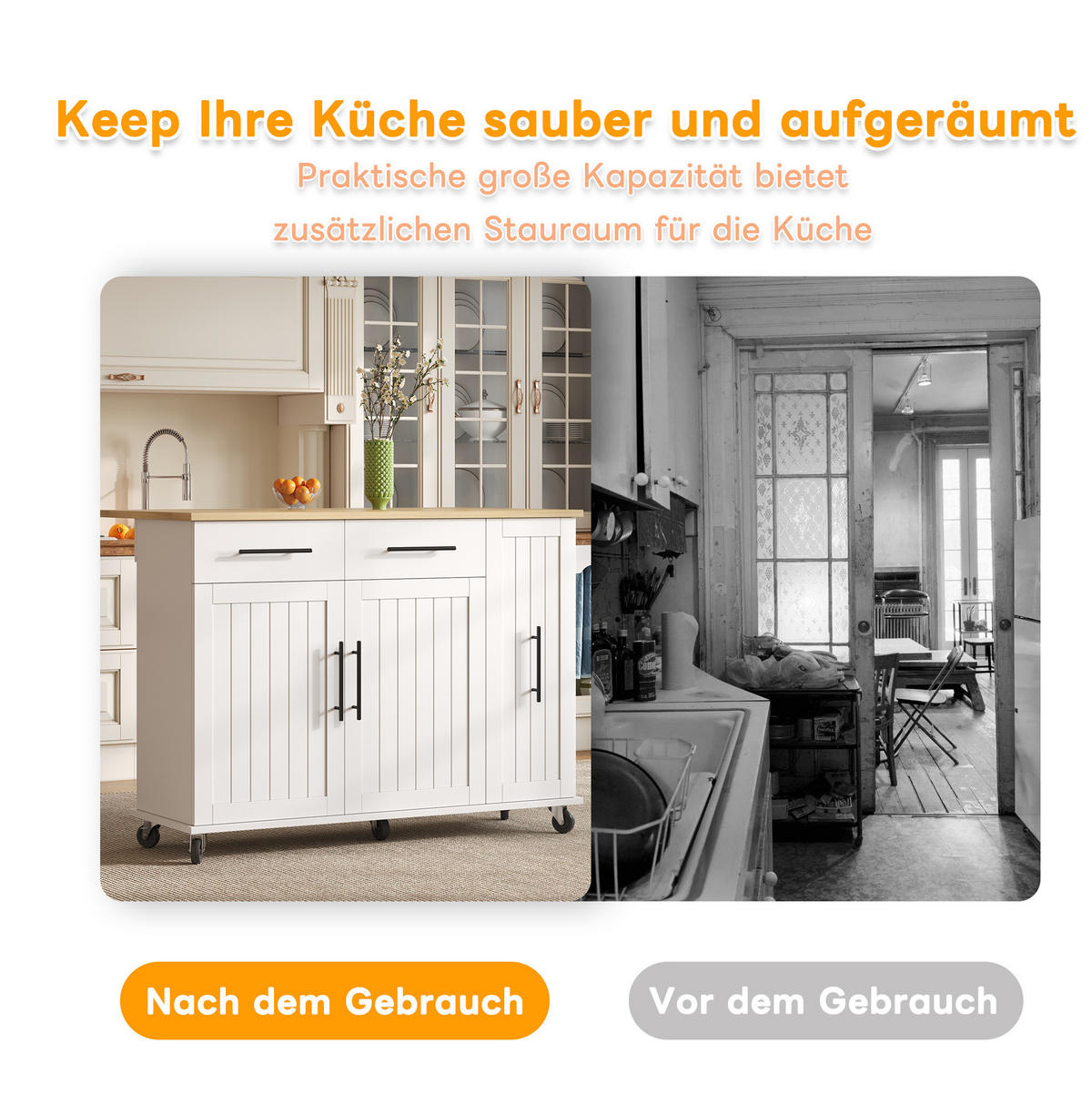 MOBILER Kücheninselwagen 120x65x90cm Weiß mit Auszug, Klappplatte & 5 Rollen - Weiß, Holzwerkstoff (120/90/65cm) - Modfu