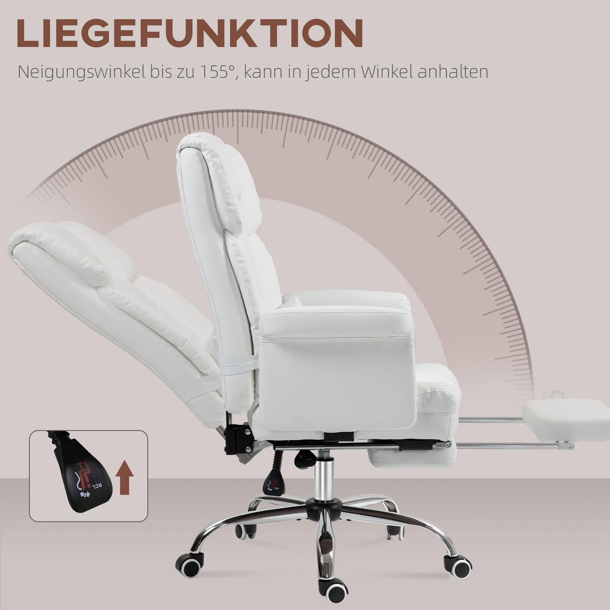 BÜROSTUHL, Ergonomisch Schreibtischstuhl mit Liegefunktion, Lendenkissen, Weiß - Chromfarben/Weiß, Kunststoff/Metall (65/115/69cm) - HOMCOM