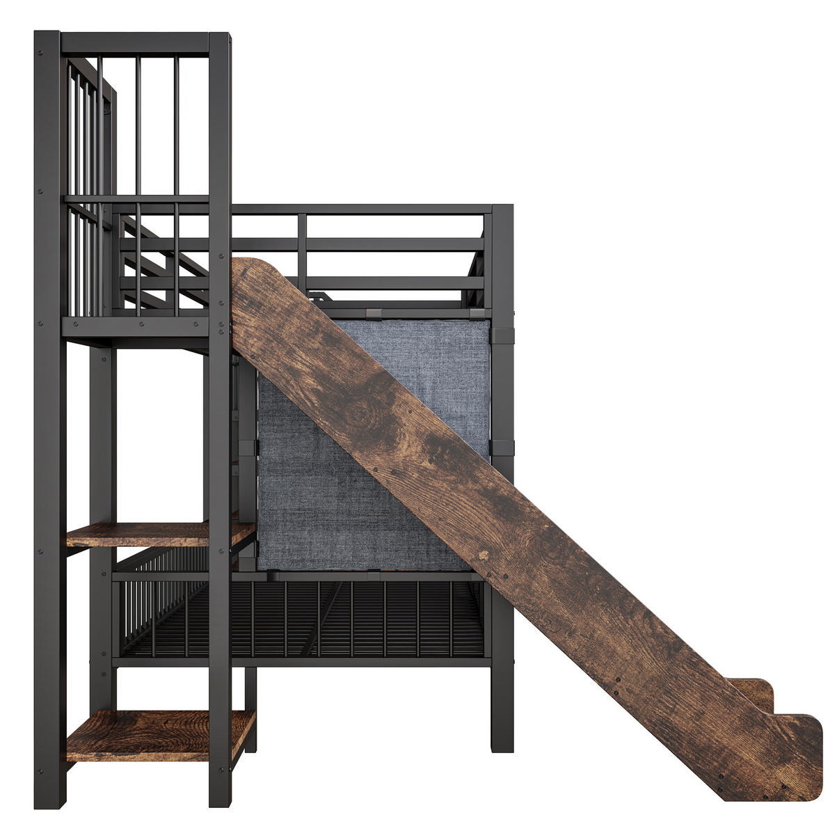 HOCHBETT 90/200 cm mit Rutsche, Stauraumtreppe und Regalen, Schwarz - Schwarz, Holzwerkstoff (90/200cm) - Redom
