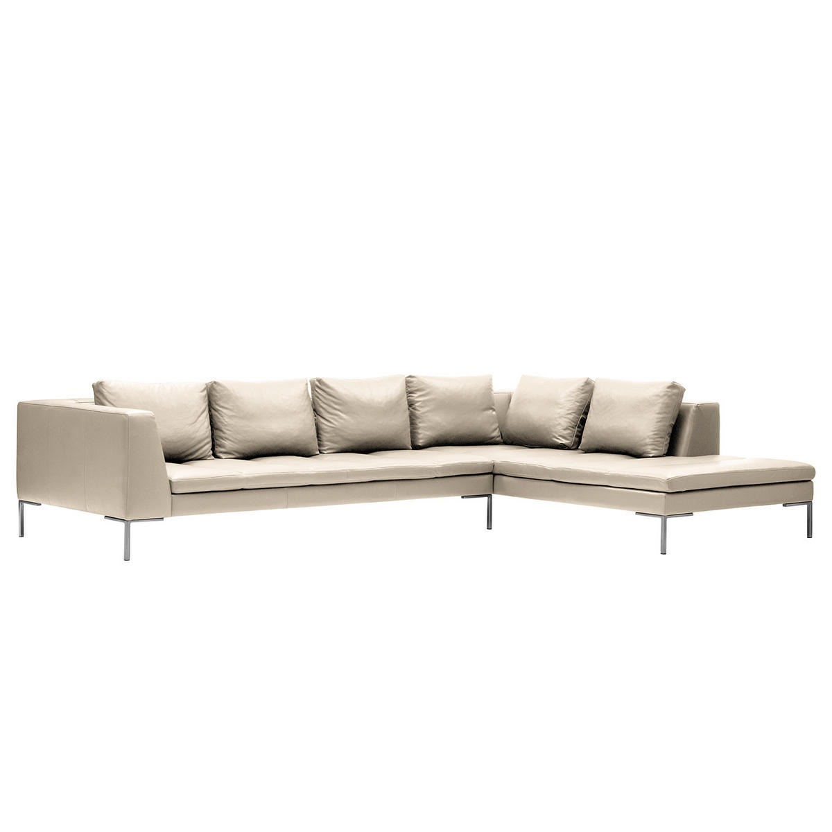 ECKSOFA mit Ottomane - Chromfarben/Hellgrau, Leder/Metall (319/230cm) - home24