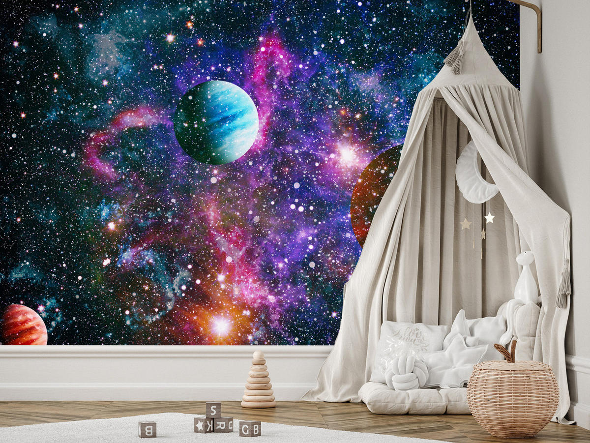 FOTOTAPETE für Schlafzimmer Bunte Planeten Sternenhimmel Kosmos 500x350 - Rot/Violett, Papier (500/350cm) - Muralo