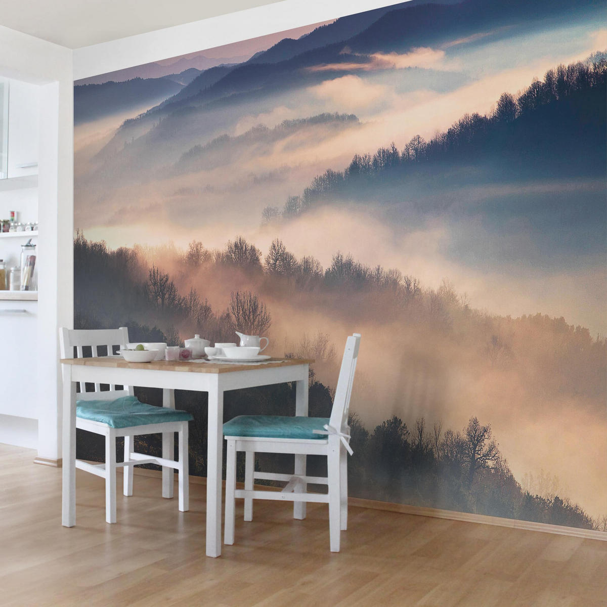 FOTOTAPETE Nebel bei Sonnenuntergang 336/225 cm - Eichefarben, Papier (336/225cm) - Bilderwelten