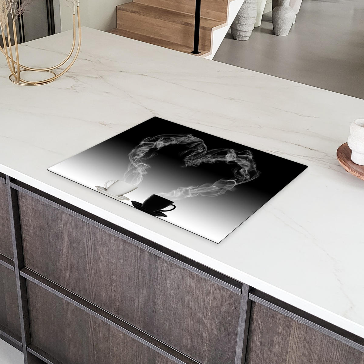 HERDABDECKPLATTE Kaffee - Herz - Schwarz und weiß - Tassen 71x52 cm - Weiß, Kunststoff (71/52/0.2cm) - MuchoWow