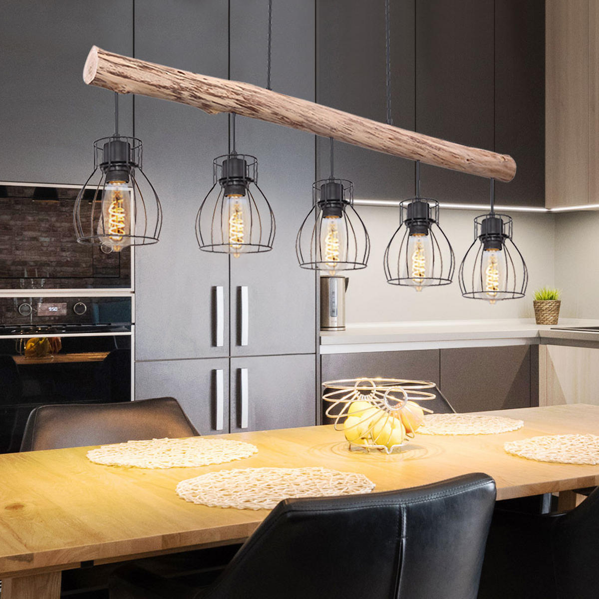 HÄNGELEUCHTE Käfig Holz Schwarz - Schwarz, Holz (100/13.6/140cm) - Globo Lighting