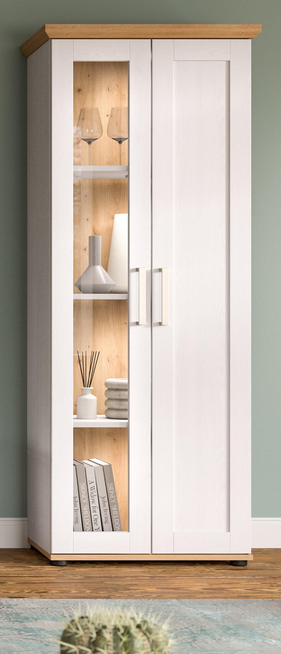 VITRINE weiß Lärche, Eiche Artisan 64 cm, Vitrinenschrank im Landhaus-Stil - Silberfarben/Schwarz, Holzwerkstoff/Kunststoff (64/161/37cm) - Inn.Furn