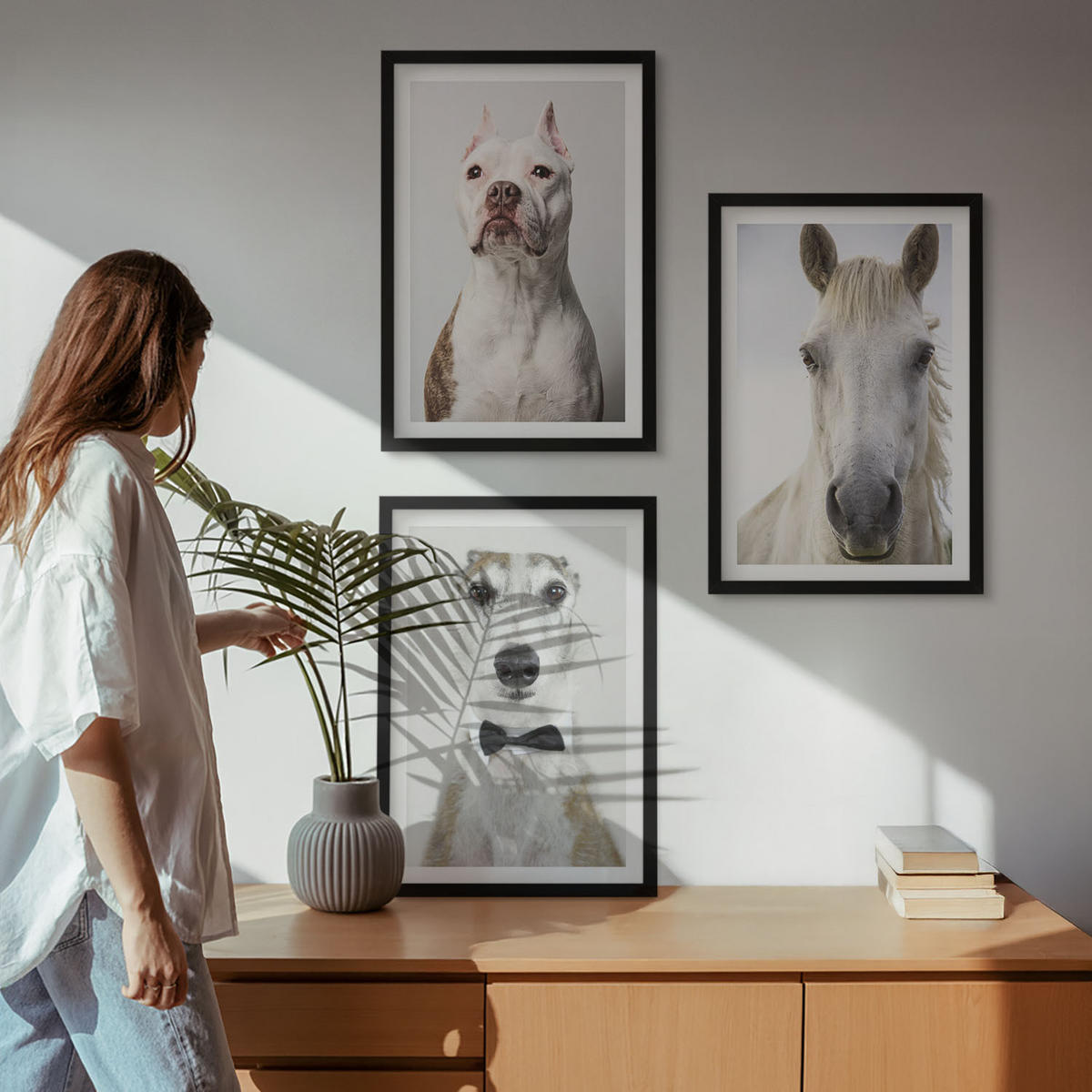 BILDER SET 3er Set - 40x60 cm Schwarzer Rahmen - Elegante Porträts von Hunden und Pferden - Schwarz, Kunststoff (40/60cm) - TULUP