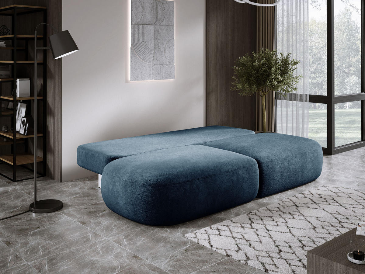 SCHLAFSOFA Moderne BABU mit Schlaffunktion – 3-Sitzer Sofa mit Bettkasten, DL-Automat, 2 Rückenkissen, 2 Zierkissen, 240x90x90 cm, Blau - Blau, Holz/Textil (240/90/90cm) - DomoHome