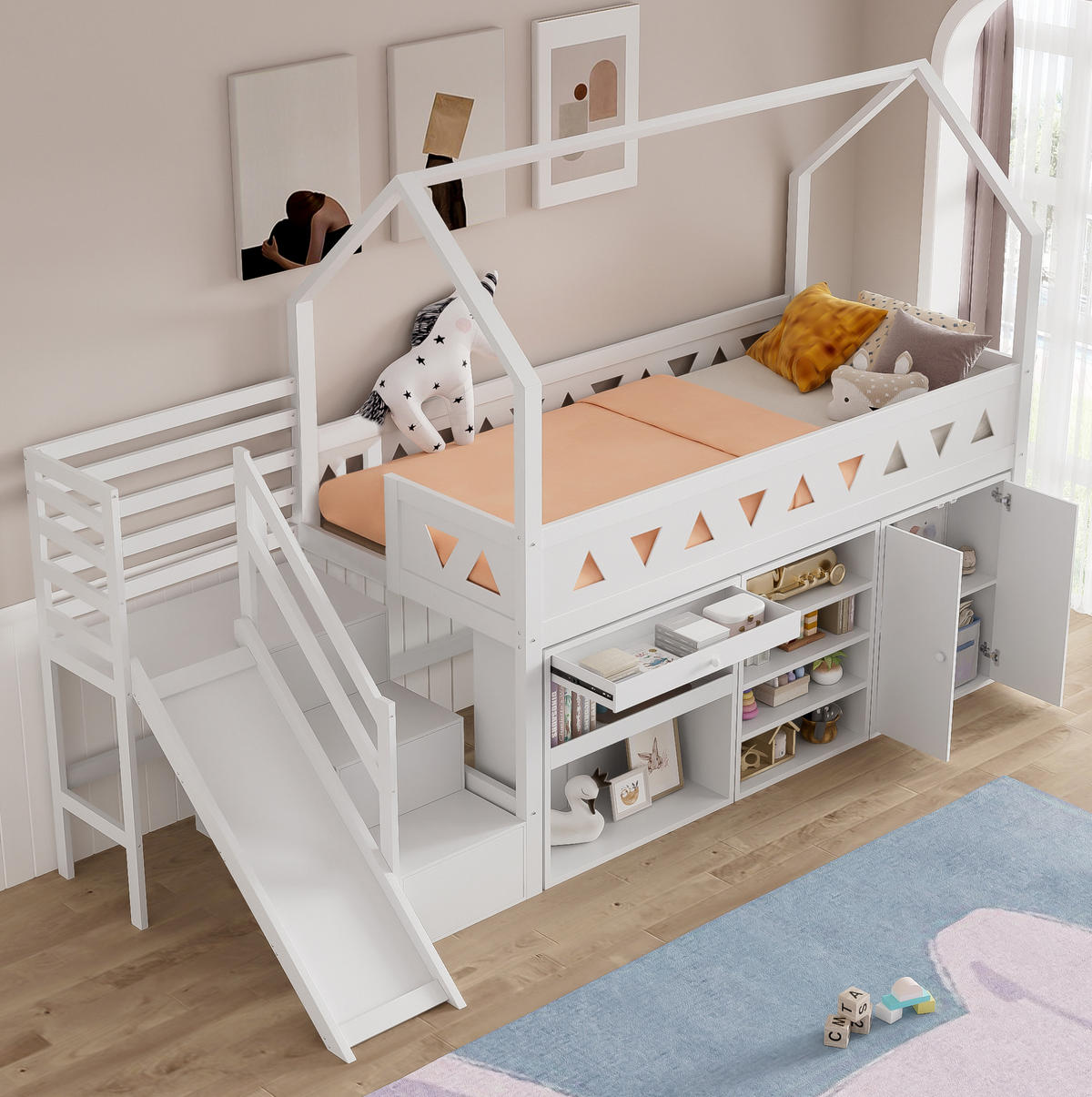 KINDERBETT 90/200 cm mit Rutsche, Treppe, Schubladen und Stauraum, Massivholz, Weiß - Weiß, Holz (90/200cm) - Redom