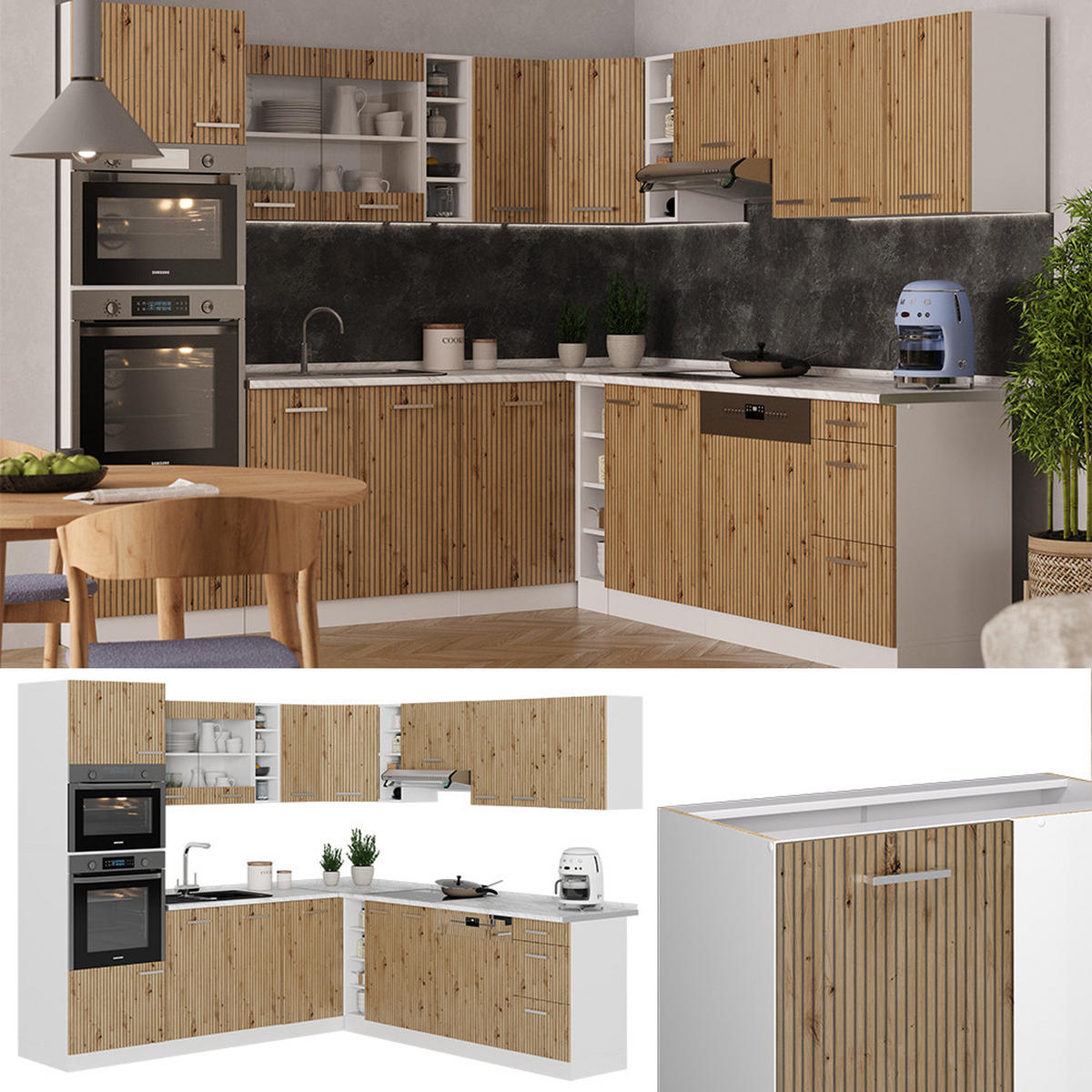 ECKKÜCHE R-Line Artisan Eiche/Weiß 237 x 247 cm, AP Eiche - Eiche Artisan/Weiß, Holzwerkstoff (247/81.6/60cm) - Vicco