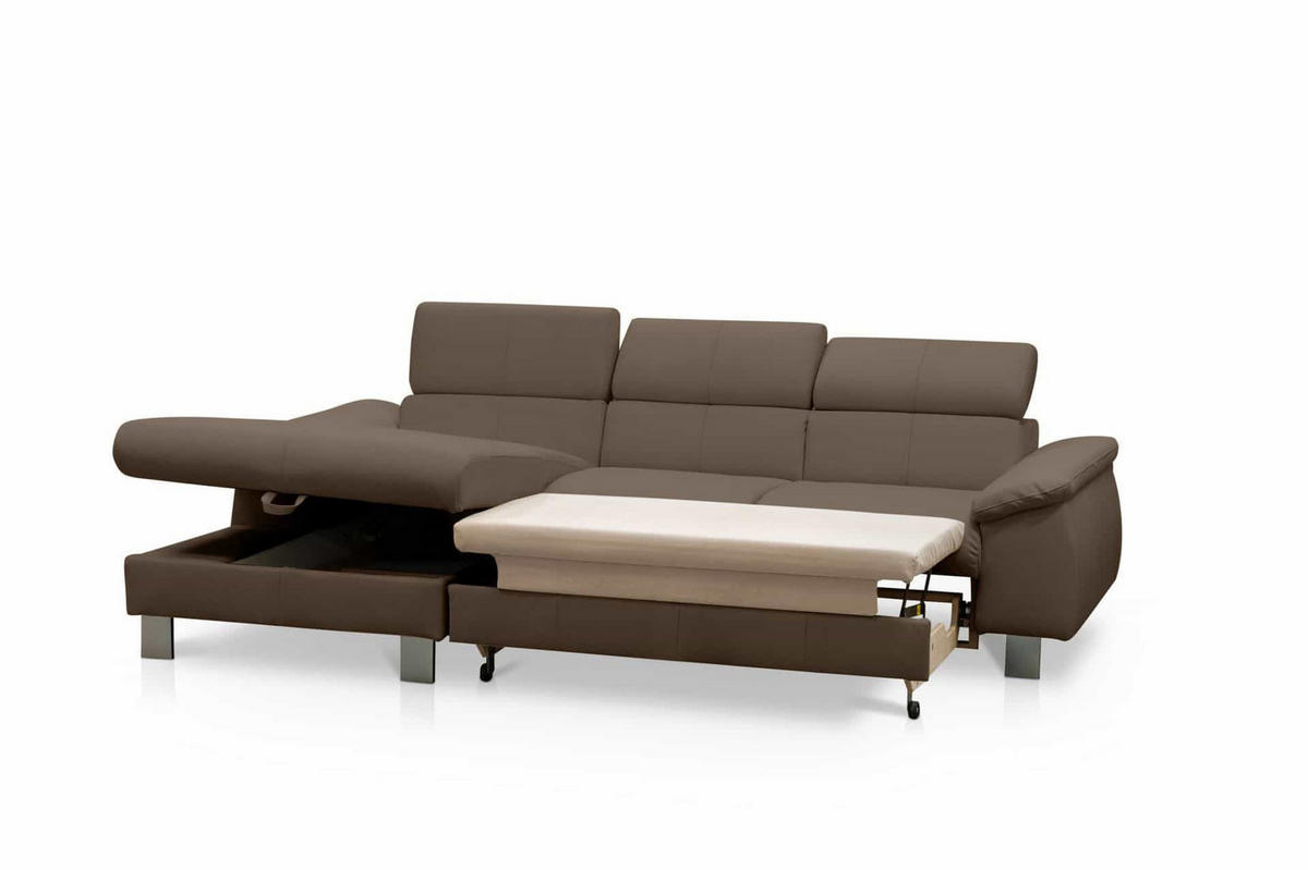ECKSCHLAFSOFA mit Echtlederbezug, Schlaffunktion & Bettkasten - Chromfarben/Dunkelbraun, Leder/Holz (244/166cm) - Cotta
