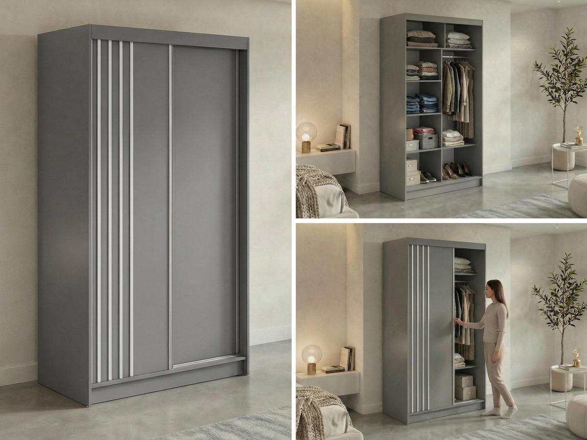 SCHWEBETÜRENSCHRANK mit Lamellen NAURU - 120 - Grau und Weiß - Alufarben/Weiß, Holzwerkstoff/Metall (120/216/61cm) - MKS