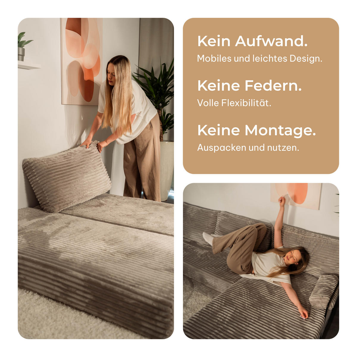 ECKSOFA ANKO modulares Boneless Sofa mit Schlaffunktion Orange Cordstoff - Orange, Textil (270/160cm) - MASSENO