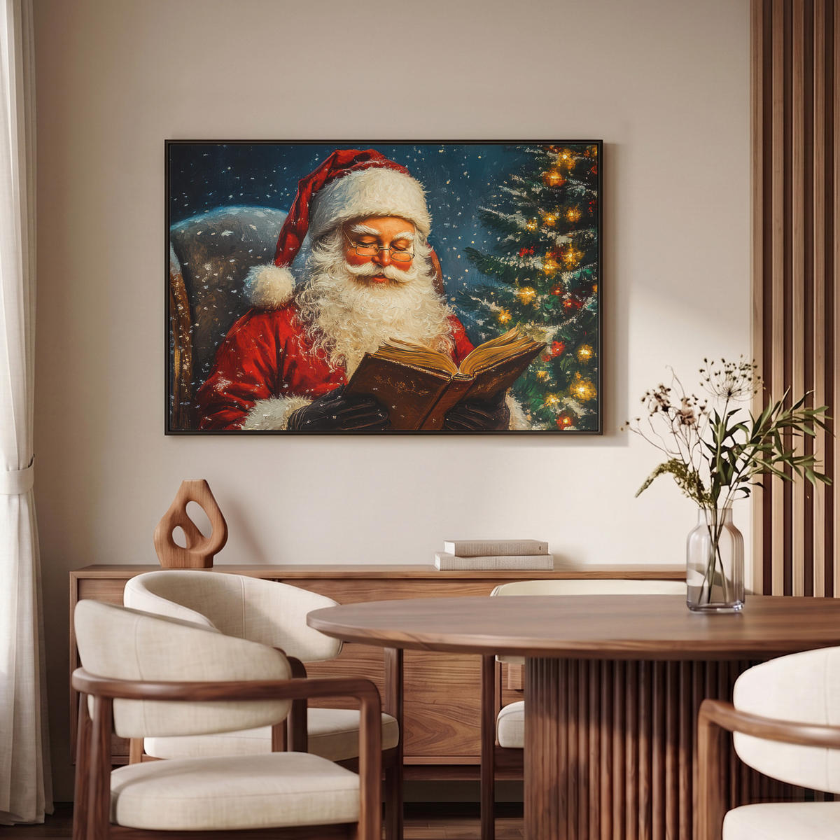 LEINWAND Bilder mit Rahmen - Weihnachtsmann - Weihnachten - Winter - Weihnachtsbaum - 90x60 - Bordeaux, Textil (90/60cm) - MuchoWow