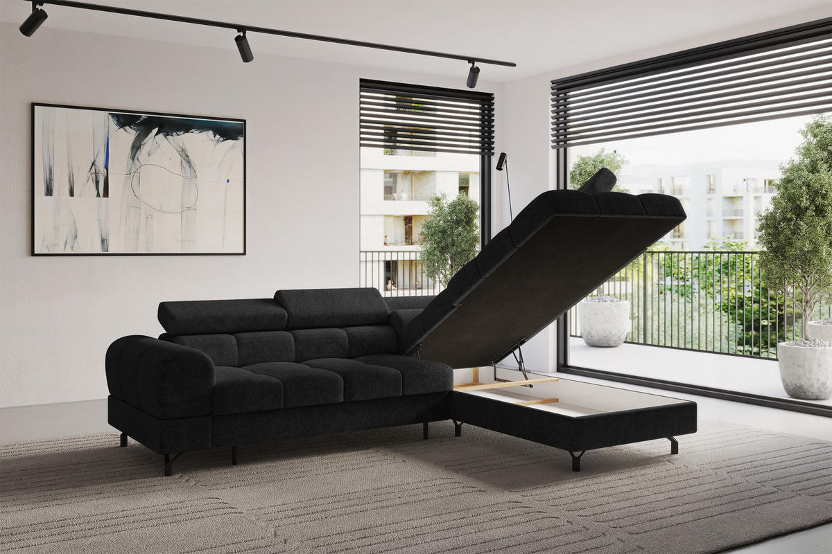 ECKSOFA mit Schlaffunktion Ottomane Rechts LUMA-L 272x203x70 Schwarz Velours - Schwarz, Holzwerkstoff/Kunststoff (203/272cm) - ALTDECOR