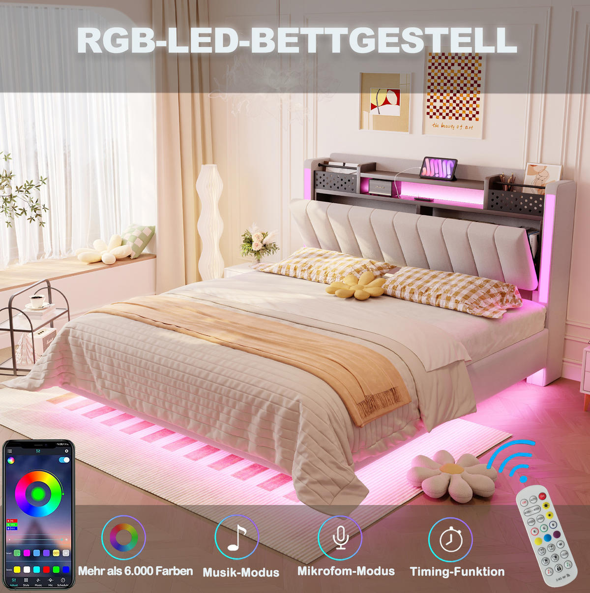 POLSTERBETT 140/200 cm Beige aus Leinenstoff mit LED-Beleuchtung und USB-Anschluss - Beige, Textil (140/200cm) - OKMYHOME