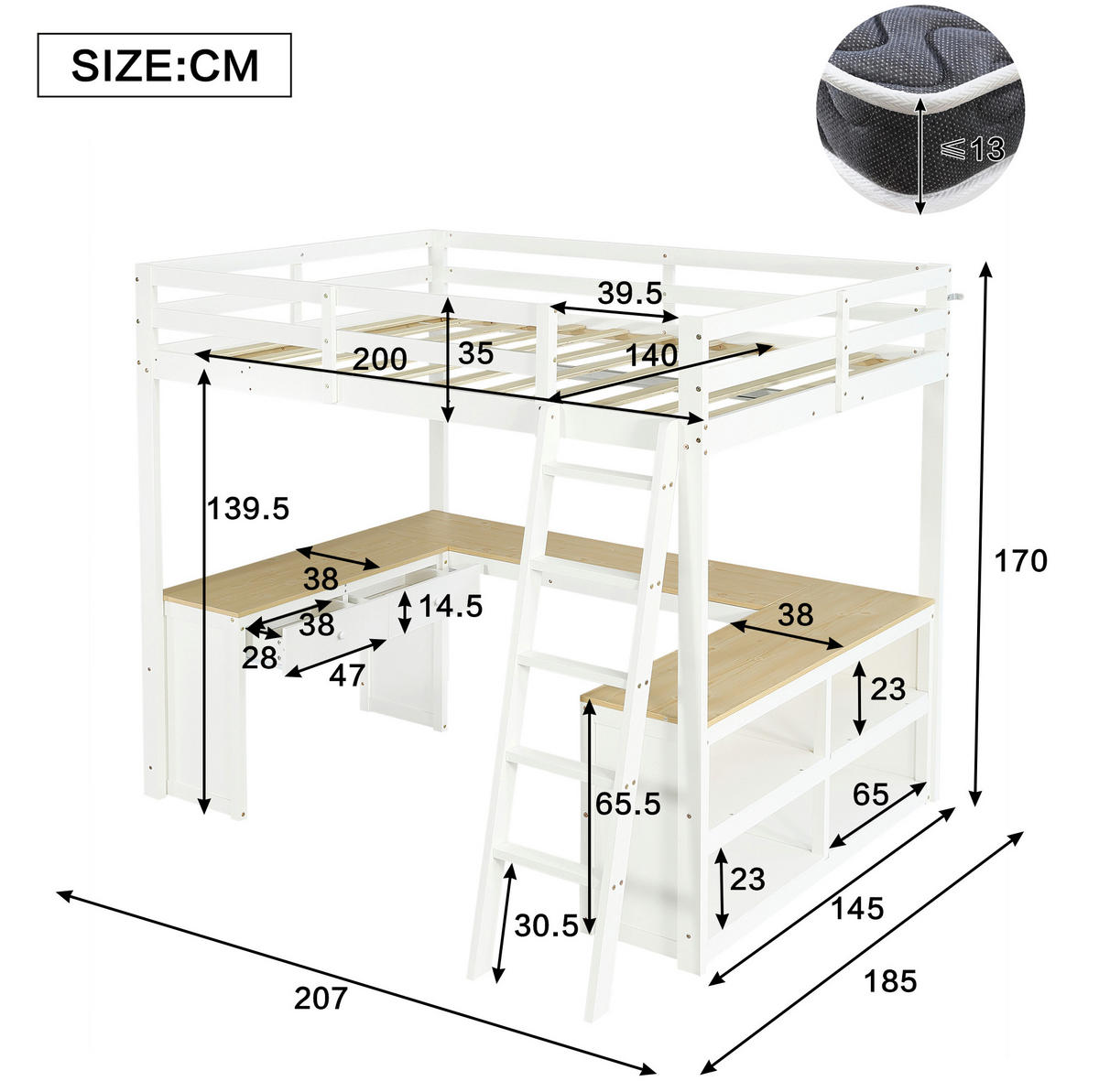 HOCHBETT 140/200 cm mit U-förmigem Schreibtisch, 2 Schubladen, Regal und Schrägleiter, Kiefer/MDF, Weiß/Natur - Weiß, Holzwerkstoff (140/200cm) - Redom