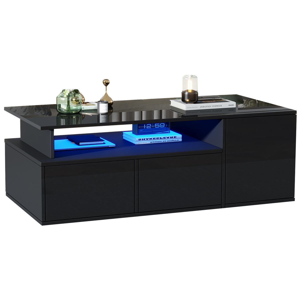 KONFERENČNÍ stolek, 100/50/35 cm, dřevotříska černá, s LED osvětlením a 2 zásuvkami - černá, kompozitní dřevo (100/50/35cm) - BEAOK
