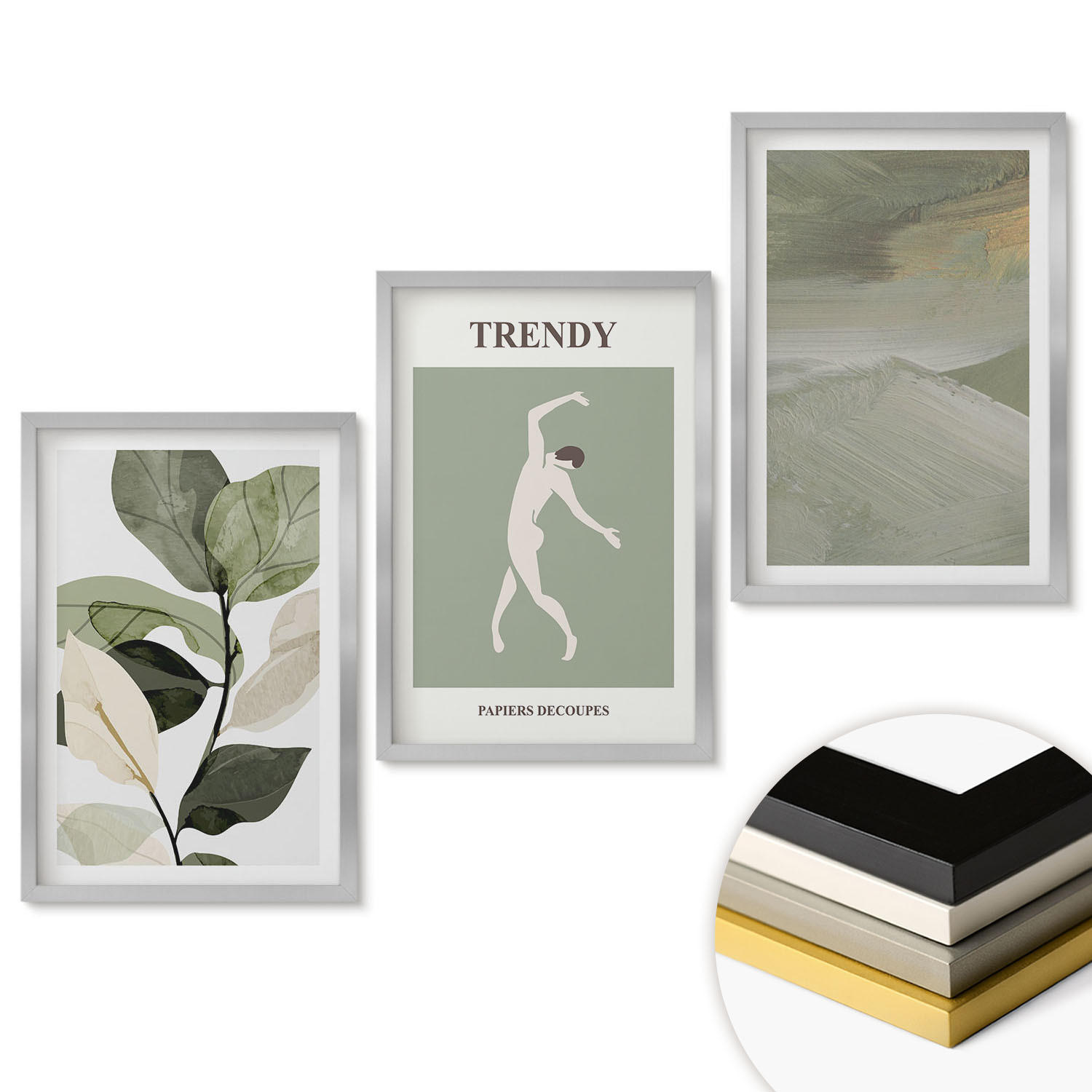 WANDBILDER 3er Set - 40x60 cm Silberner Rahmen - Abstrakte Pflanzensilhouettenmuster - Silberfarben, Kunststoff (40/60cm) - ArtPrintCave