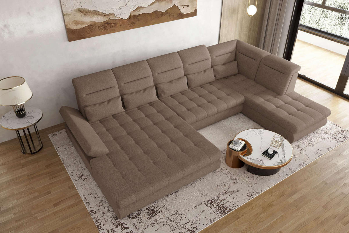 WOHNLANDSCHAFT Toscana Velours inkl. Schlaffunktion - Sandfarben, Textil (208/87/358cm) - 99rooms