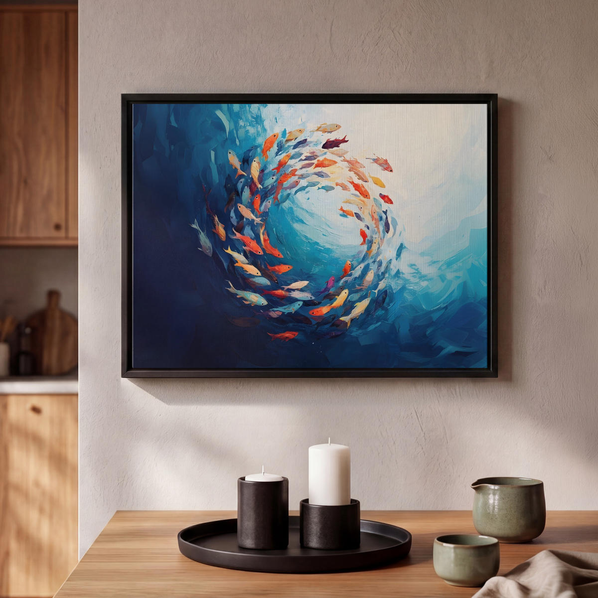 LEINWAND Bilder mit Rahmen - Meer - Fische - Bunt - Dynamisch - 40x30 - Hellblau, Textil (40/30cm) - MuchoWow