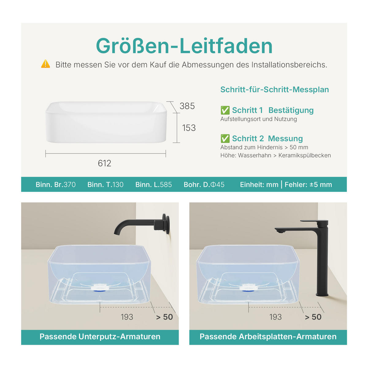 WASCHBECKEN mit pflegeleichter Oberfläche Weiß 61 / 38 / 15 cm - Weiß Hochglanz, Keramik (38/15/61cm) - EMKE