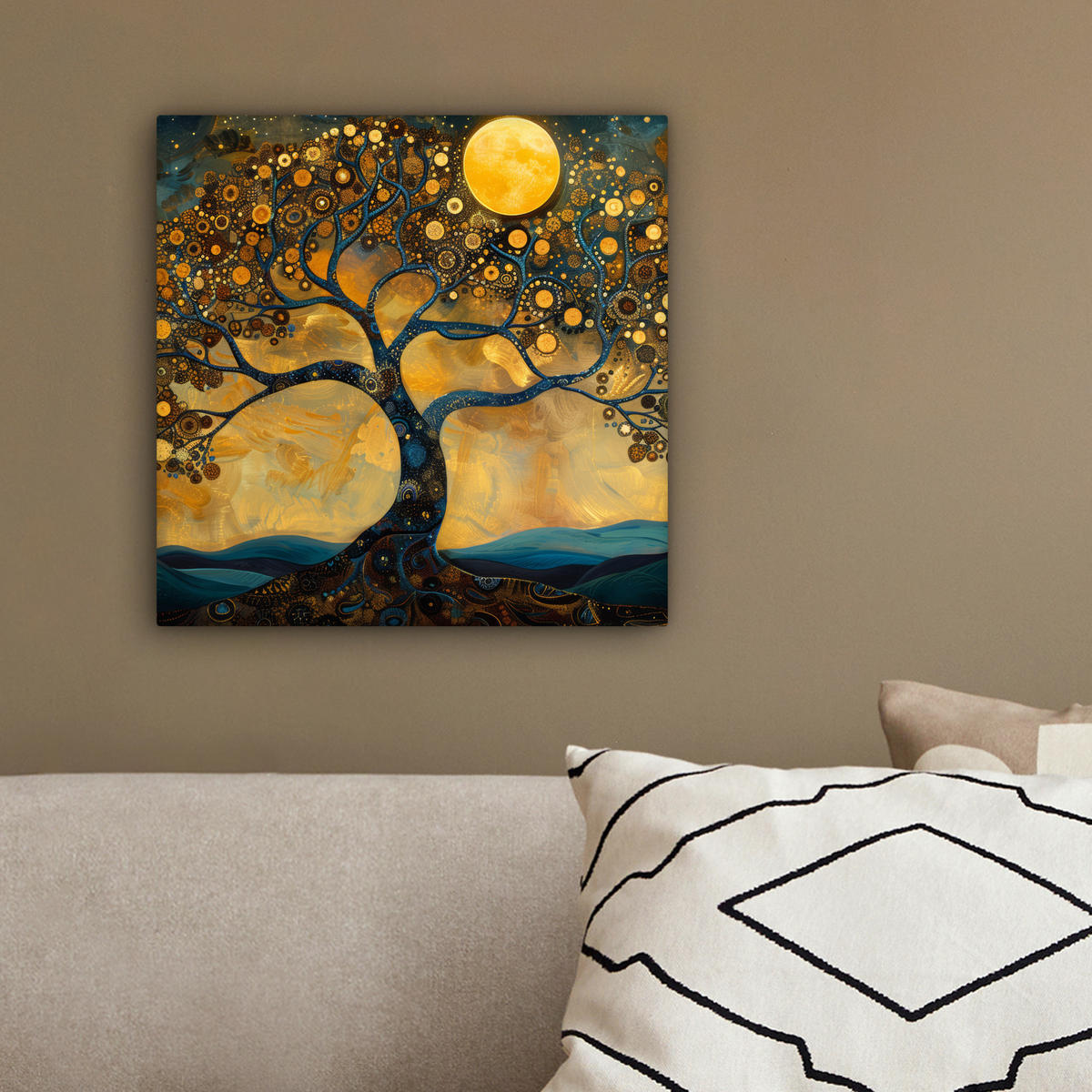 LEINWANDBILD Baum - Mond - Blumen - Gold - Kunst 20x20 cm - Orange, Textil (20/20cm) - MuchoWow