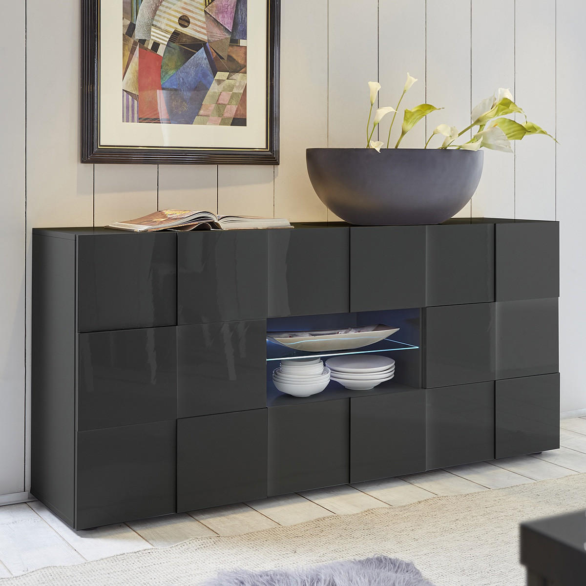 SIDEBOARD mit 2 Türen und 2 Schubladen L181 cm - Dama - Anthrazit, Holzwerkstoff (84/43/181cm) - Calicosy