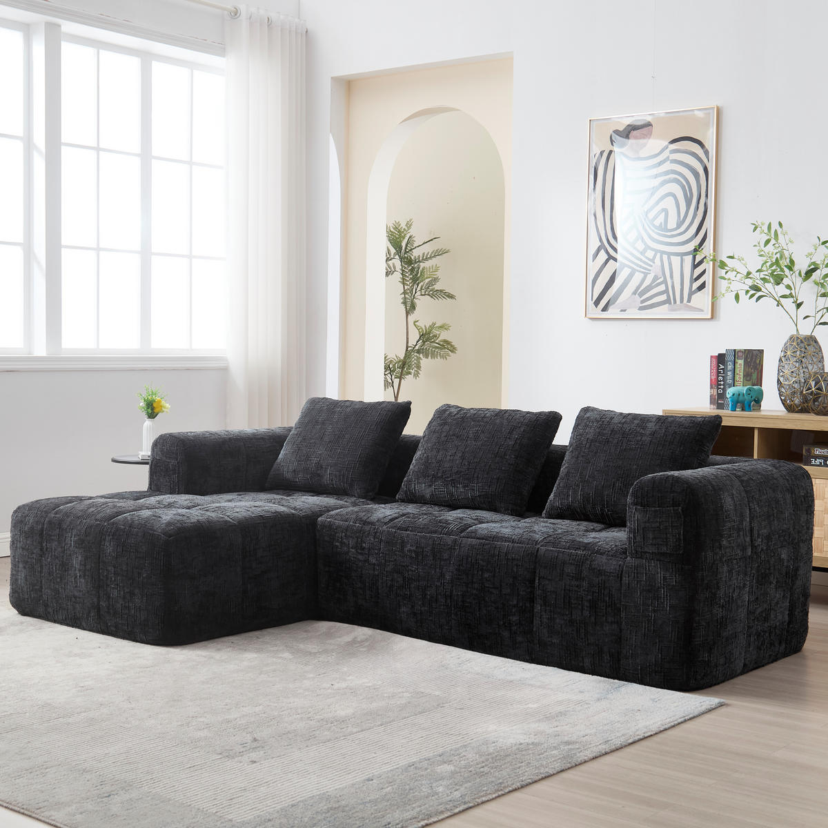 4-SITZER ECKSOFA Chenille Schwarz mit Seitentaschen und mit Kissen - Schwarz, Textil (250/158cm) - WISHDOR