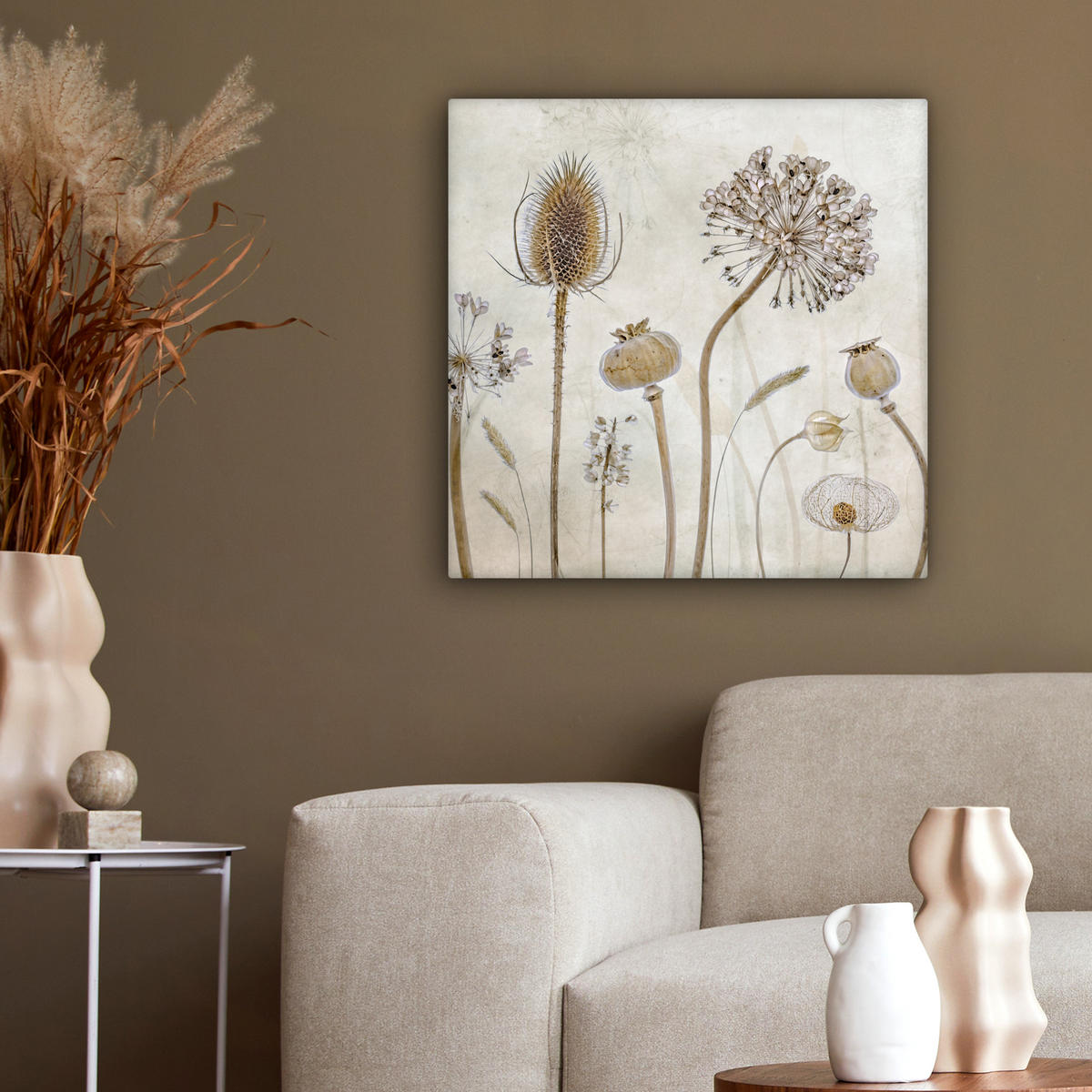 LEINWANDBILD Blumen - Aquarell - Stilleben - Braun - Vintage 50x50 cm - Beige, Textil (50/50cm) - MuchoWow