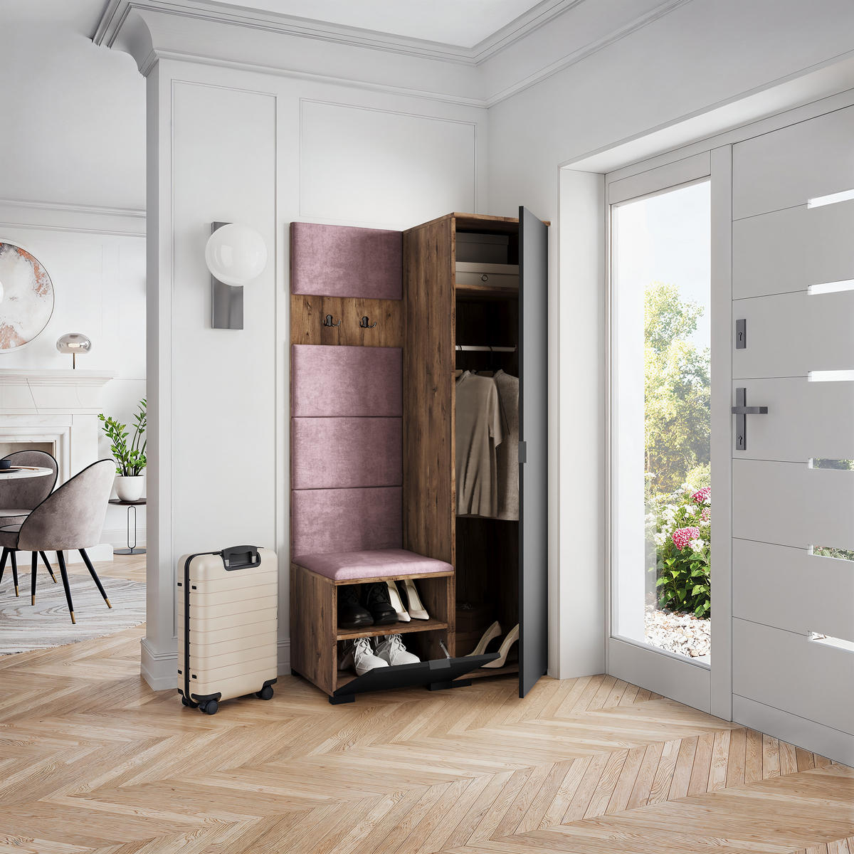 GARDEROBENSCHRANK LORI 95/181/51 cm Modern Garderobe-Set Eiche Lefkas - Eichefarben/Lila, Holzwerkstoff (95/181/51cm) - MASSENO