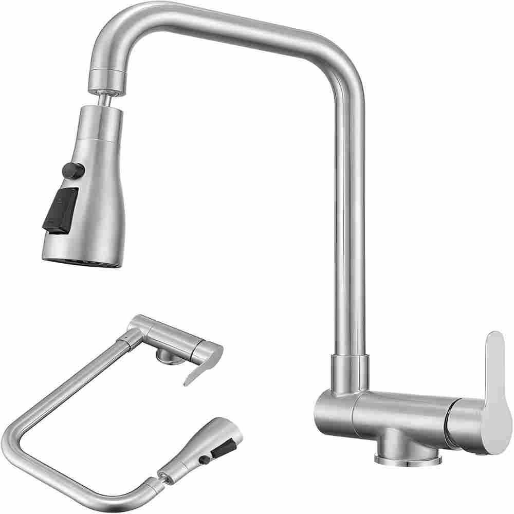 KÜCHENARMATUR klappbar für Vorfenstermontage, 4 Strahlarten, 304 Edelstahl gebürstet - Silberfarben, Metall (14.5/38/21cm) - TVTIUO