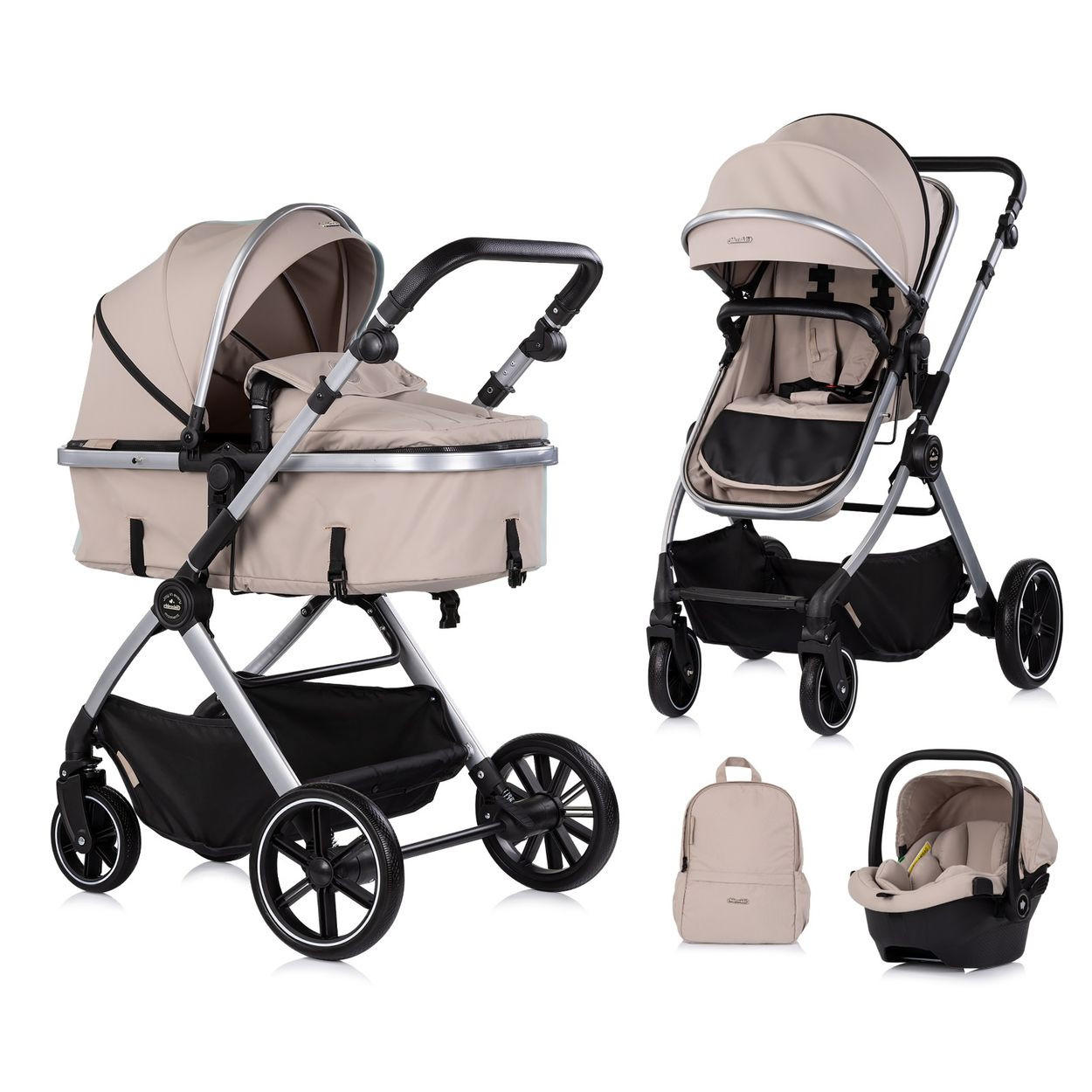 KOMBIKINDERWAGEN Pearl 3 in 1 hellbraun umbaubar Babyschale Wickeltasche Fußsack - Braun, Metall (75/65/104cm) - Chipolino