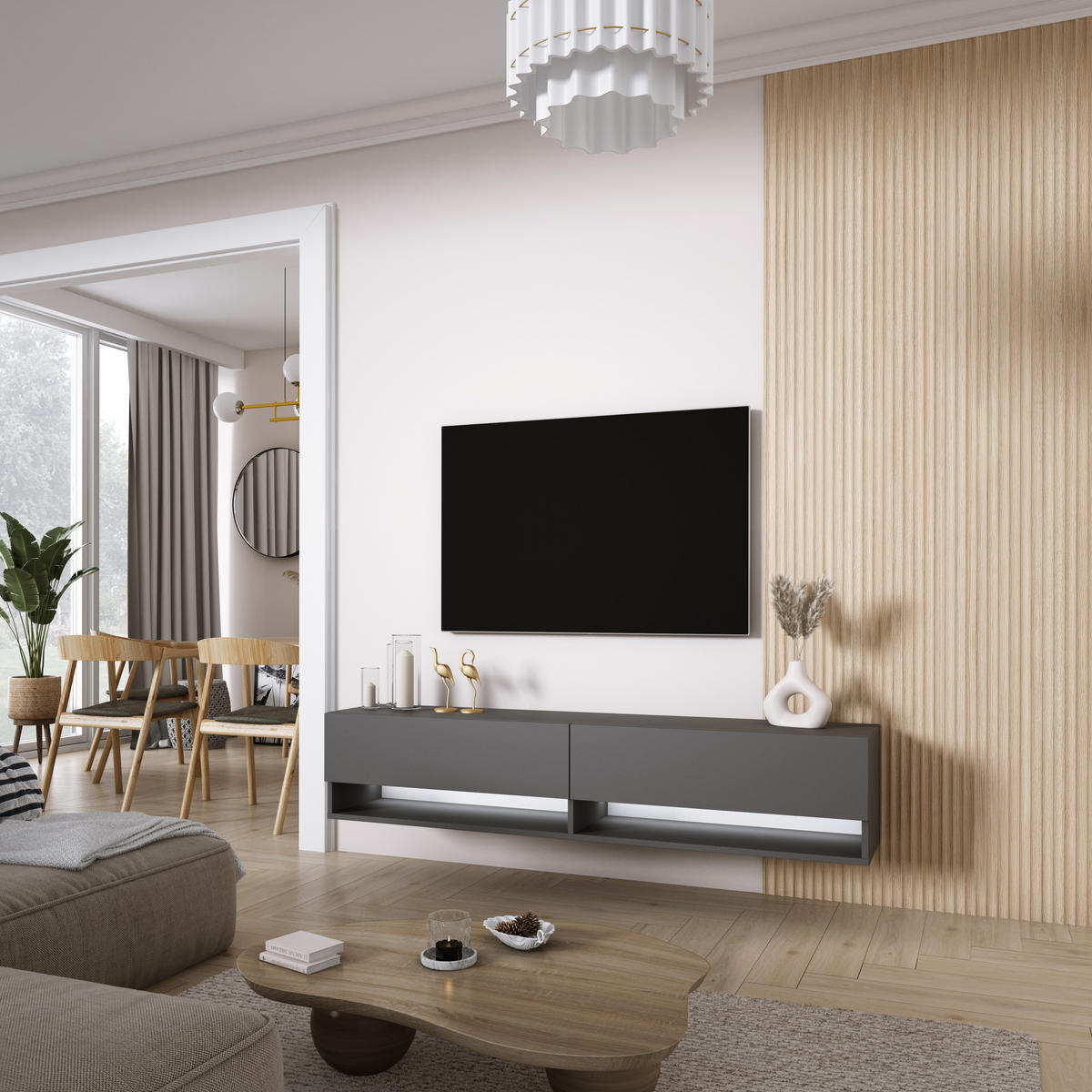 TV-LOWBOARD 170 cm Anthrazit, weiße LED, 170 × 32 × 34 cm - Grau, Holzwerkstoff (170/33.6/32cm) - 3XE LIVING