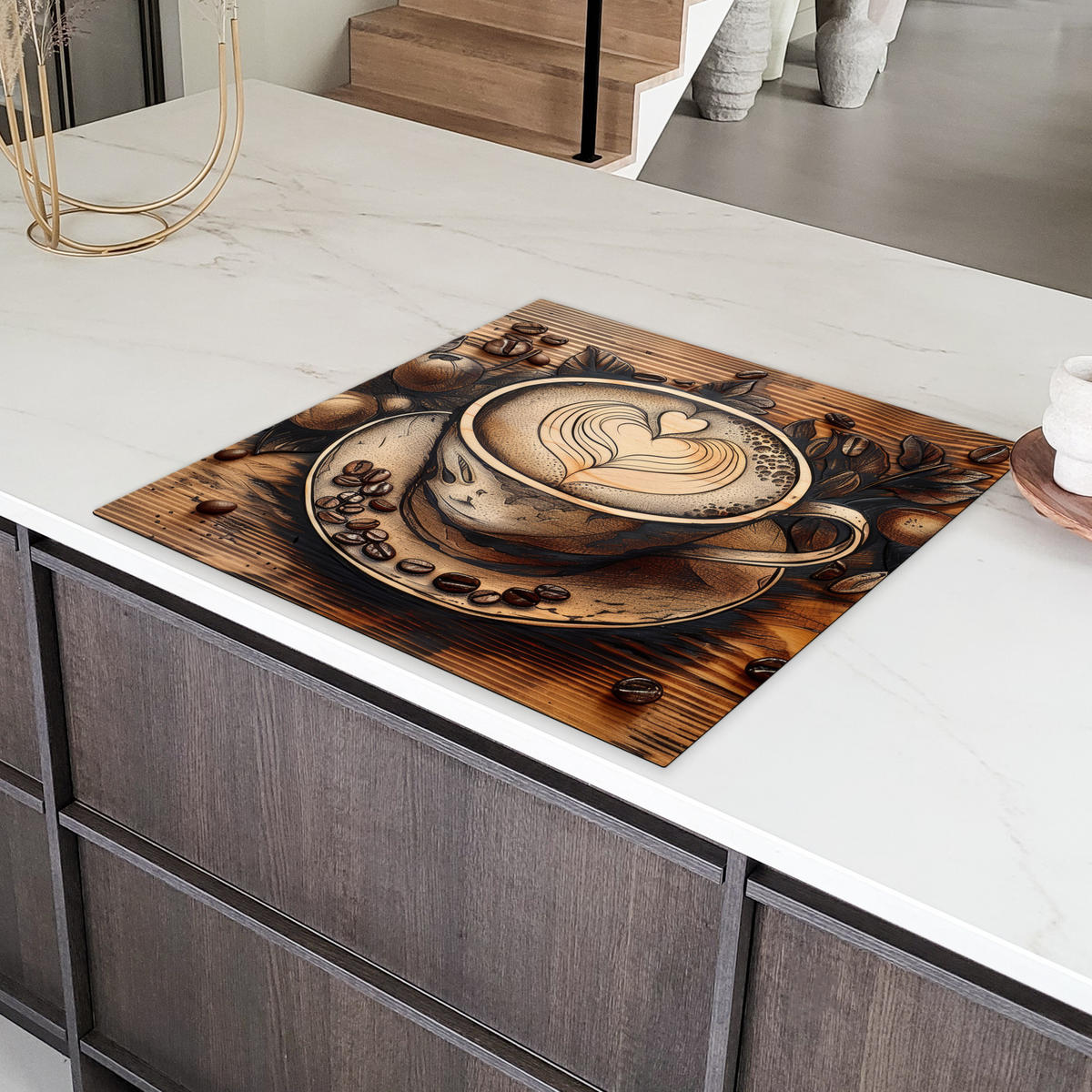 HERDABDECKPLATTE Kaffee - Vintage - Braun - Tasse - Holz Induktionsmatte 78x78 cm - Cappuccino, Kunststoff (78/78/0.2cm) - MuchoWow