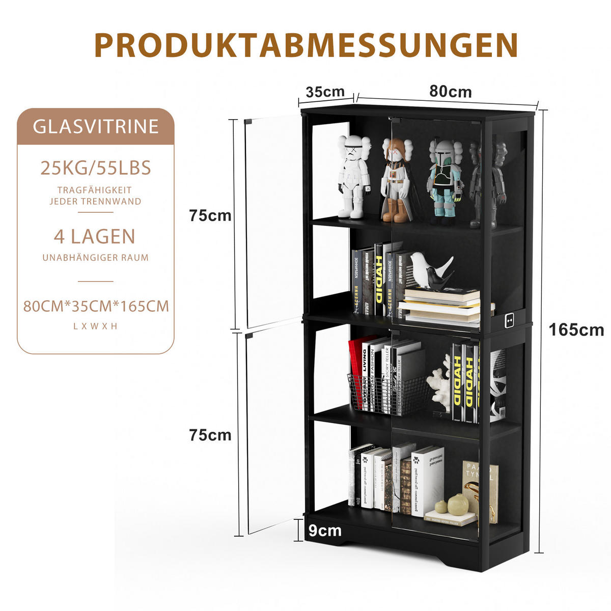 VITRINE 4-stöckig mit LED-Beleuchtung - Staubdicht - Schwarz - Schwarz, Glas/Holzwerkstoff (35/165/80cm) - KOMHTOM