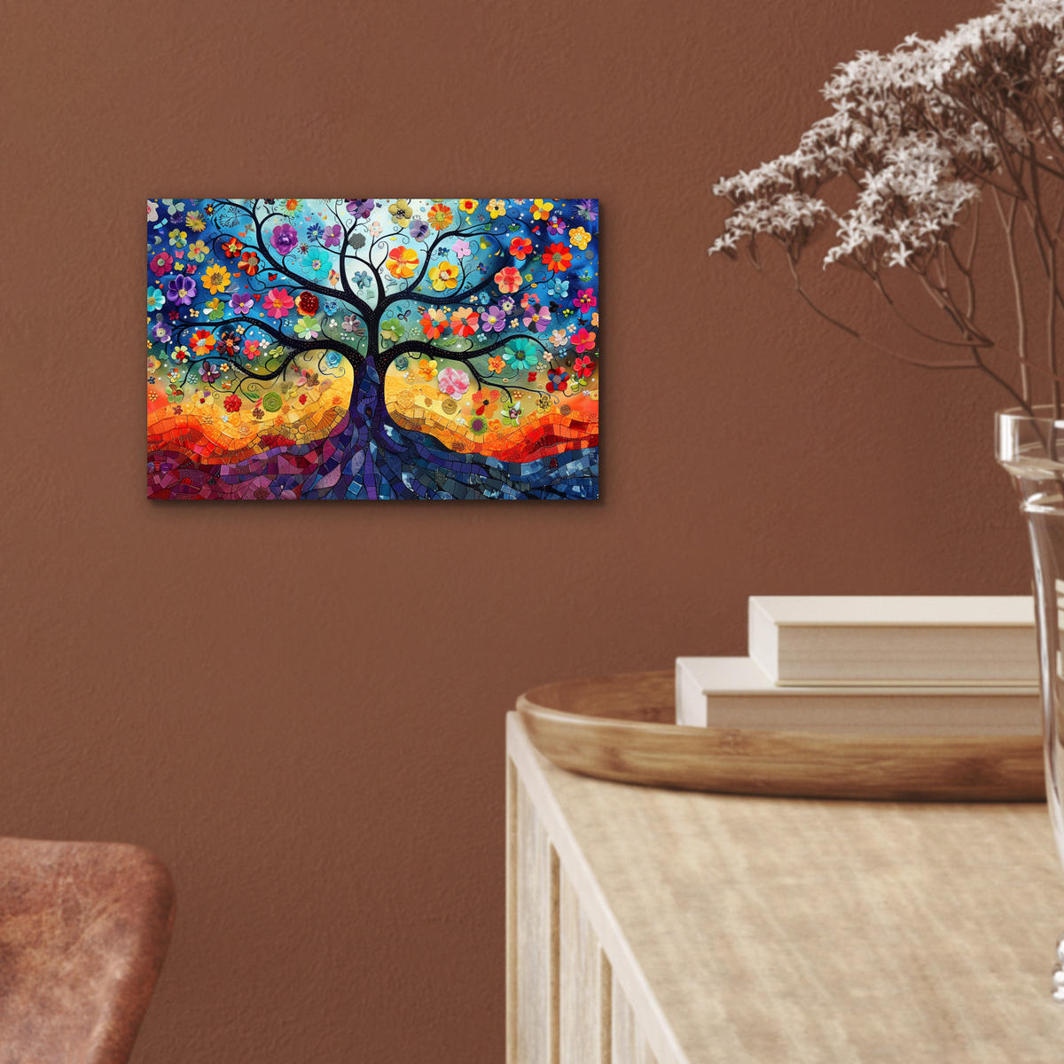 KOVOVÝ OBRAZ Umenie - Strom života - Kvety - Hippie 30x20 cm - tmavomodrá, kov (30/20cm) - MuchoWow