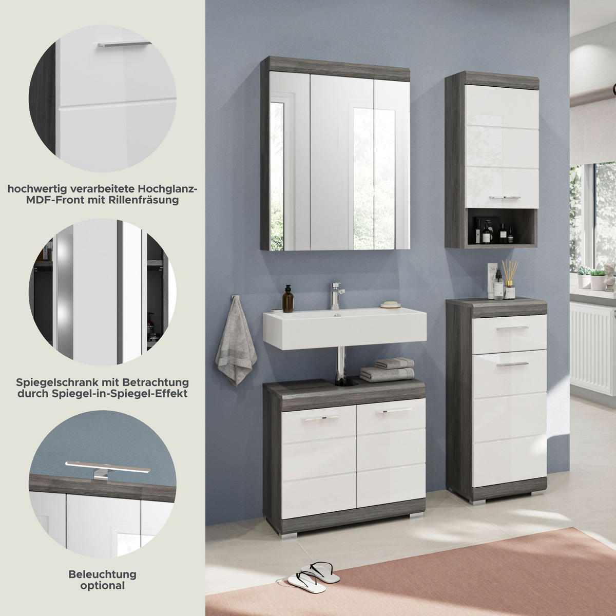 BADKOMBINATION 4tlg. Scout Bad in Rauchsilber Nachbildung und weiß hochglanz B/H/T: 112x191x34 cm - Anthrazit, Holz (112/191/34cm)