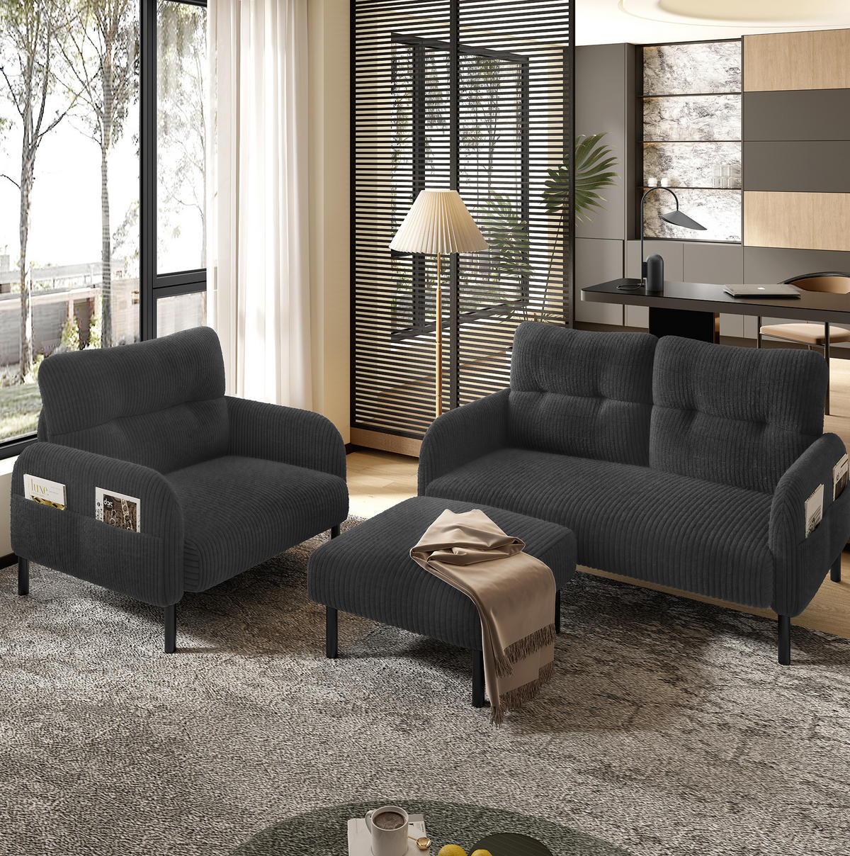 SOFA 2-Sitzer mit Seitentasche 120 x 75 x 79 cm Cord Gray - Grau, Kunststoff (120/79/75cm) - Meubliv