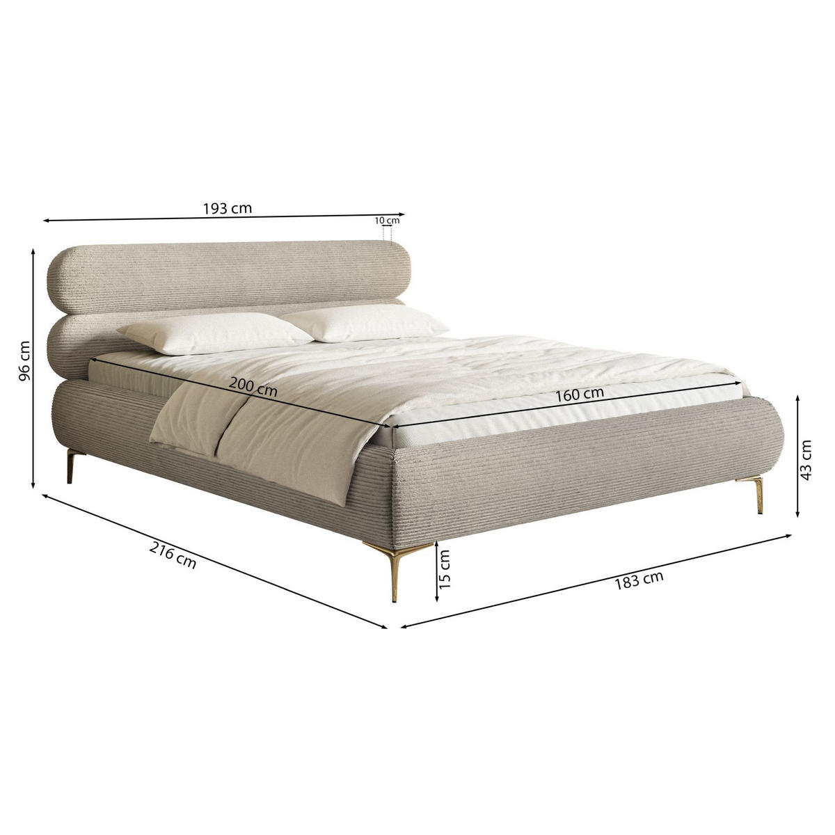 POLSTERBETT Roule Cord Greige 160x200 cm - Taupe/Goldfarben, Textil/Metall (160/200cm) - Selsey