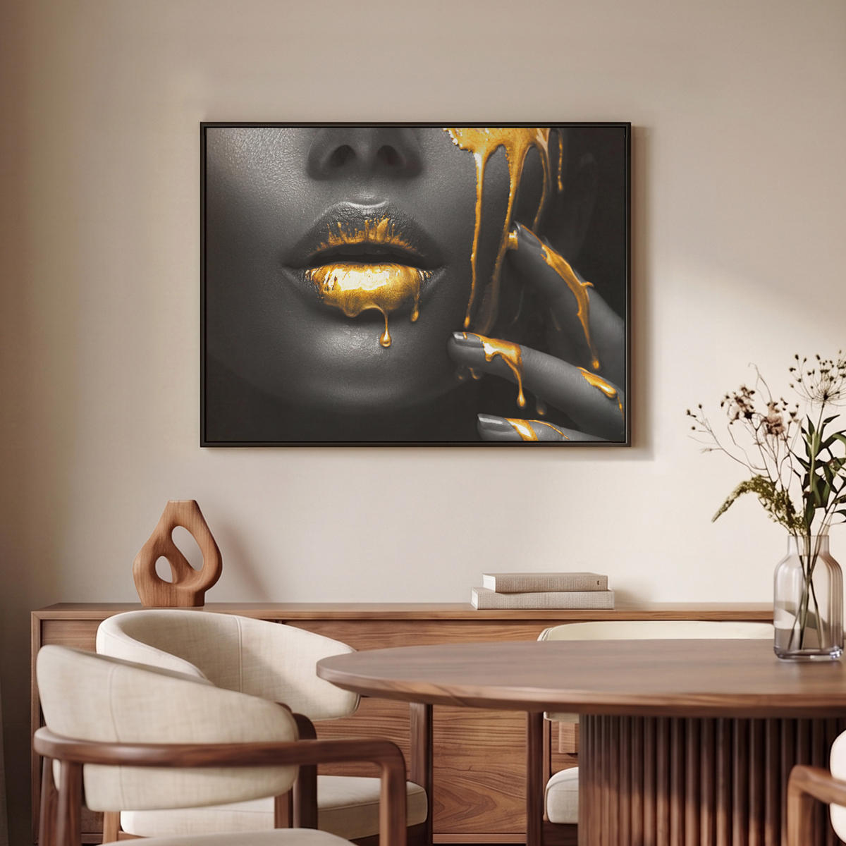 LEINWAND Bilder mit Rahmen - Frau - Schwarz - Gold - Gesicht - Lippen - 70x50 - Goldfarben, Textil (70/50cm) - MuchoWow