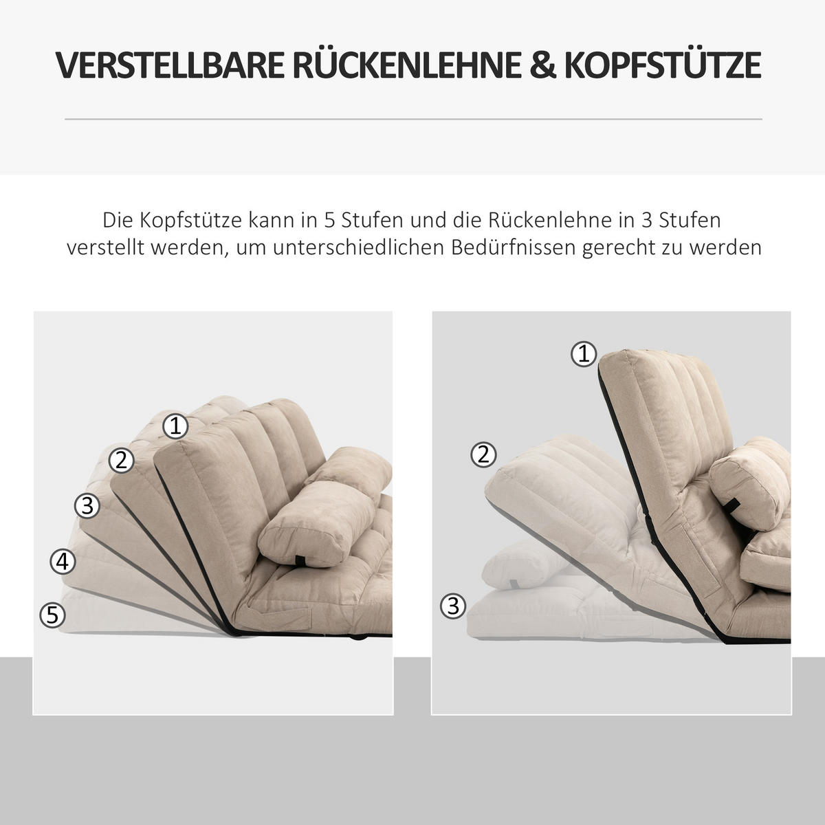 BODENSTUHL 2-in-1 Bodensessel Bett mit Rückenlehne 3 Positionen Verstellbar - Beige, Textil/Metall (73/60/102cm) - HOMCOM